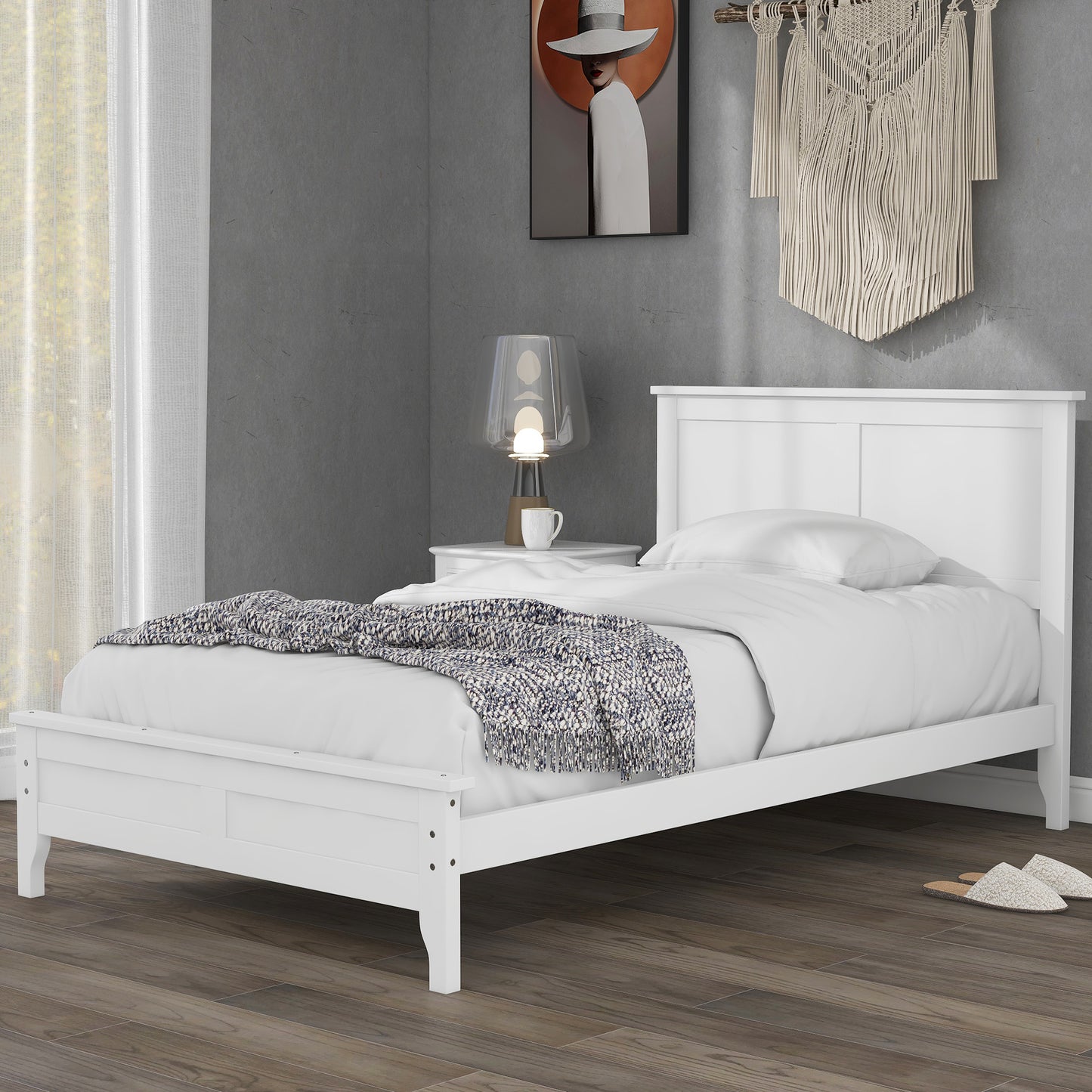 Syngar King Size Platform Bed with Headboard, Solid Wood Frame with Headboard, 800 Lbs. Weight Capacity, White, LJ2093