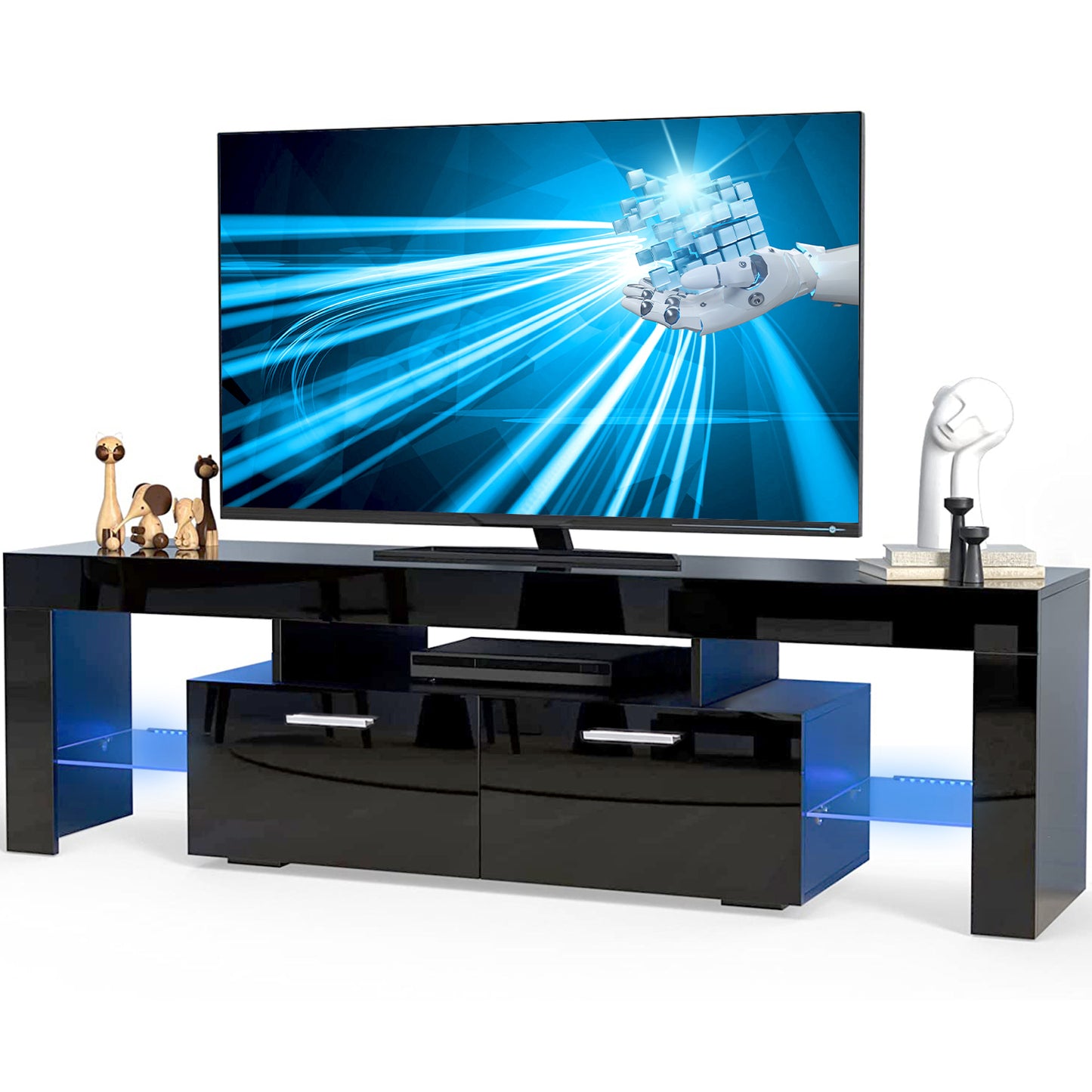 SYNGAR Modern TV Stand for TV up to 70 inches, TV Table Stand with 16-Color LED Lights, TV Console Table with Storage, Black, 63"L×14" W×18"H