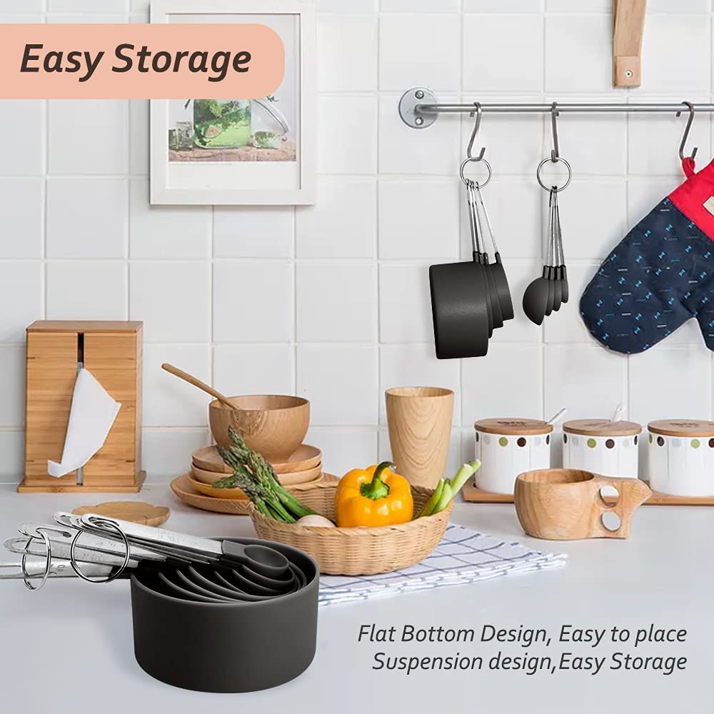 SYNGAR Black Measuring Cups and Spoons Set, Stackable Kitchen Tools & Gadgets for Dry/Wet Ingredients, Home Essentials, Measuring Cups for Baking, Cooking, Teaspoons Set, 8-Piece