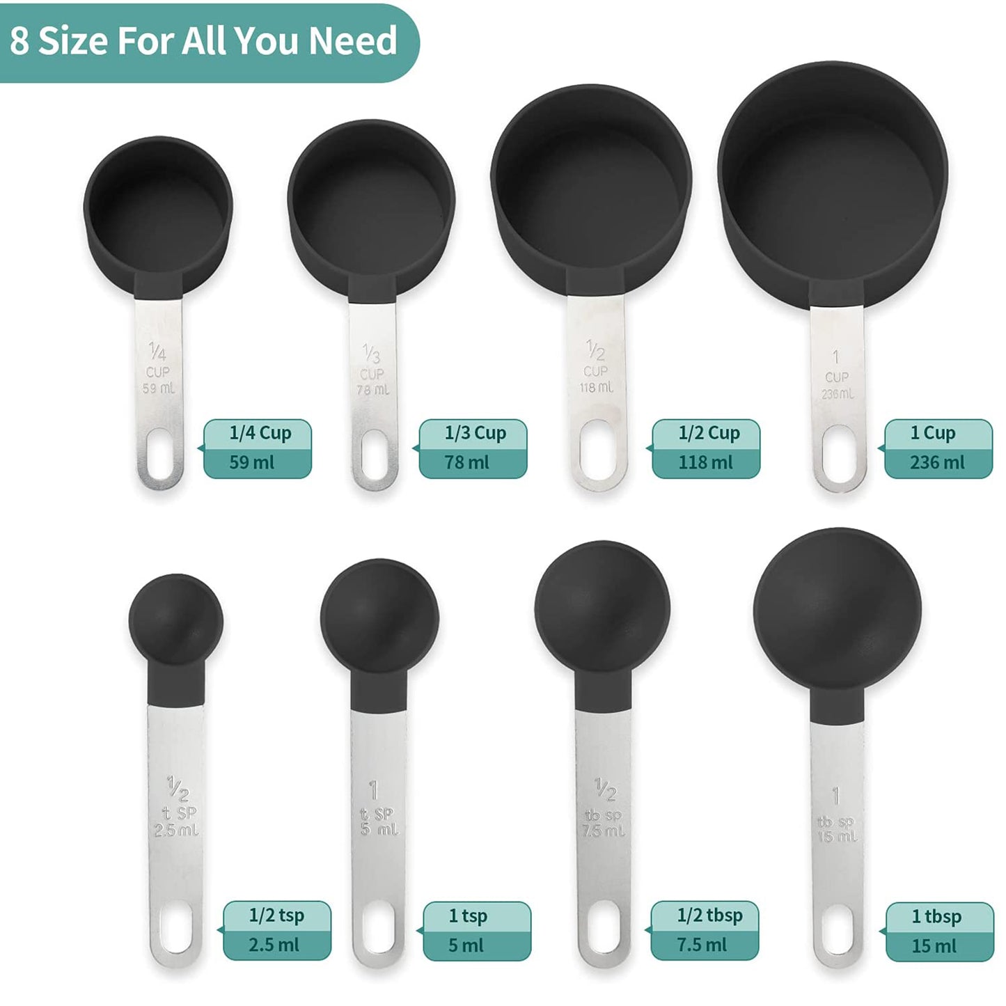 SYNGAR Measuring Cups and Spoons Set, Nesting Measure Cups with Stainless Steel Handle, Home Essentials Measuring 4 Cups and 4 Spoons for Baking, Cooking, Teaspoons Set, Black