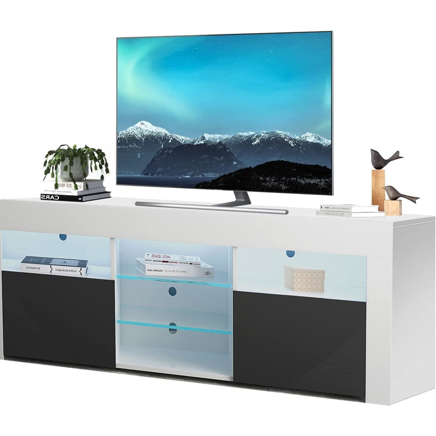 SYNGAR White TV Stand for 65 inch TV, Modern High Glossy TV Console Table Stand with 16 Colors LED Lights, Living Room TV Table Stand Buffet Cabinet with Storage, 58"L×14" W×21"H