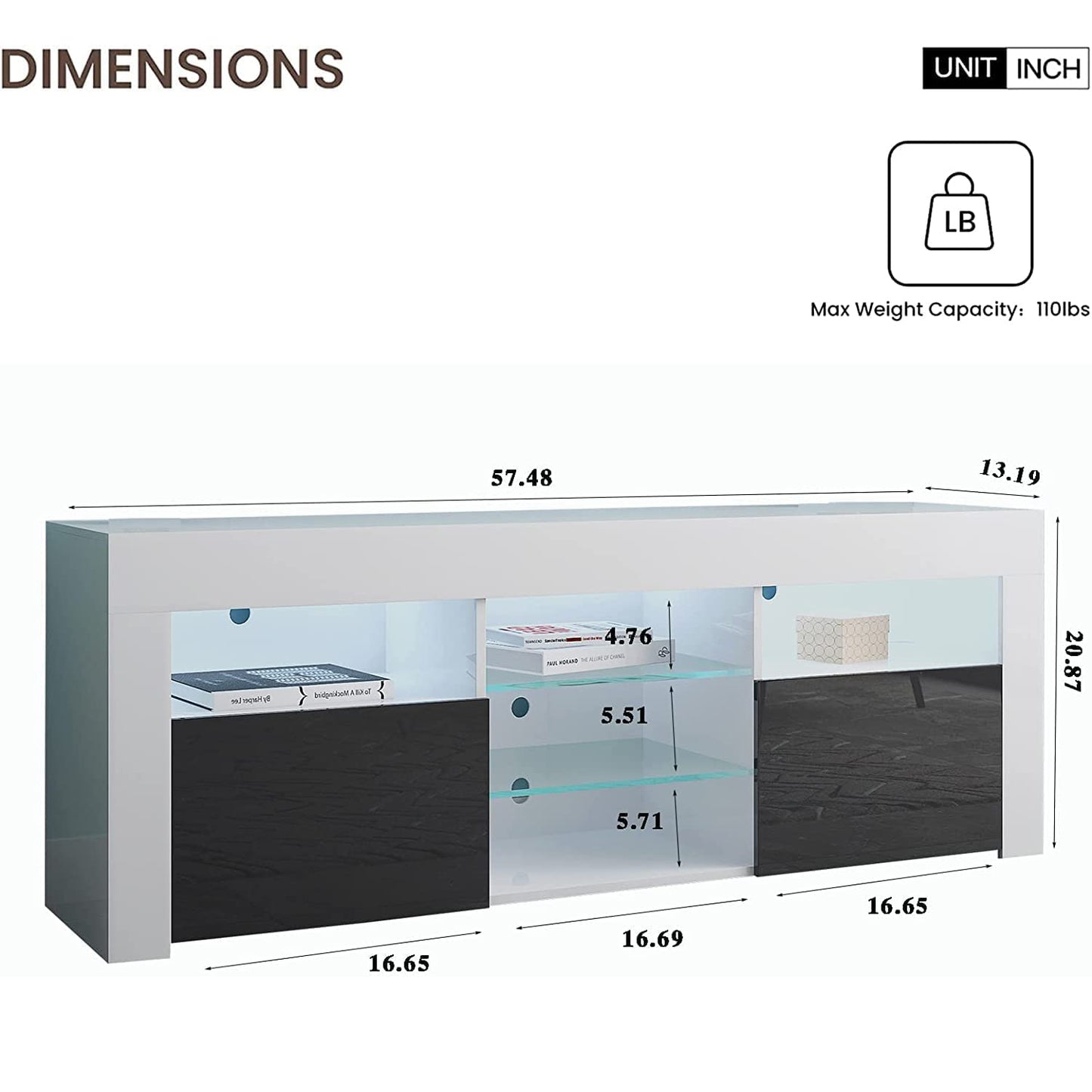 SYNGAR White TV Stand for 65 inch TV, Modern High Glossy TV Console Table Stand with 16 Colors LED Lights, Living Room TV Table Stand Buffet Cabinet with Storage, 58"L×14" W×21"H