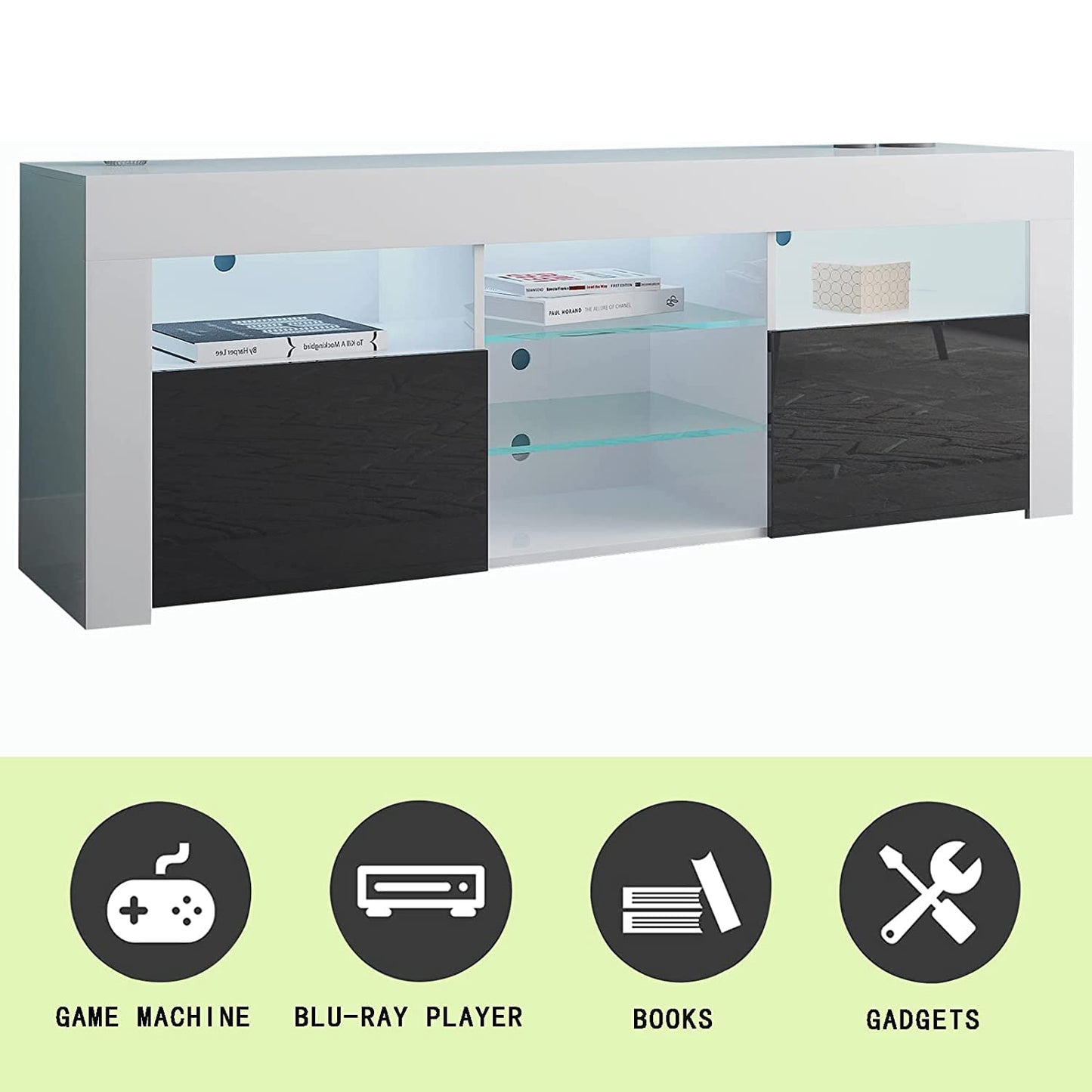 SYNGAR White TV Stand for 65 inch TV, Modern High Glossy TV Console Table Stand with 16 Colors LED Lights, Living Room TV Table Stand Buffet Cabinet with Storage, 58"L×14" W×21"H