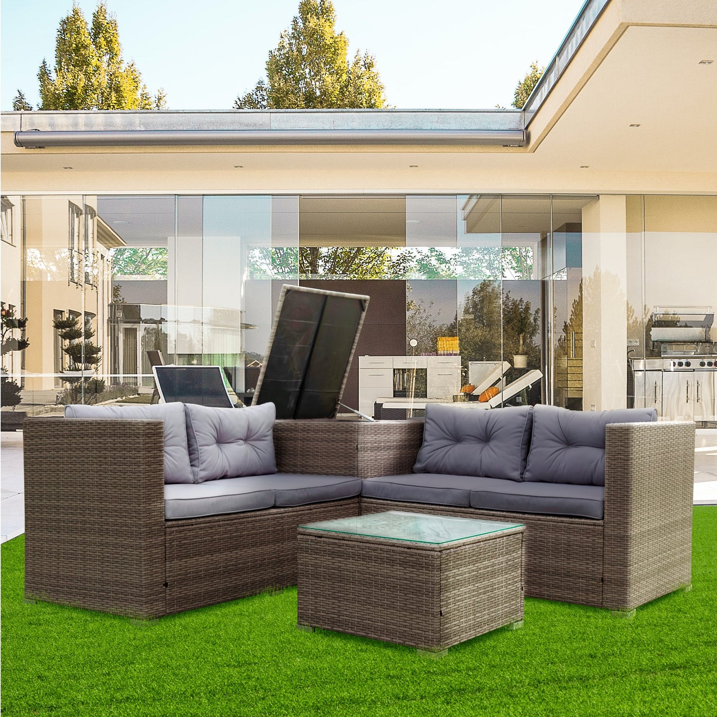 Rattan Patio Sofa Set, 4 Piece Outdoor Sectional Furniture Set, All-Weather PE Rattan Wicker Patio Conversation Set, Cushioned Sofa Set with Glass Table for Garden Pool Deck Porch, K2821