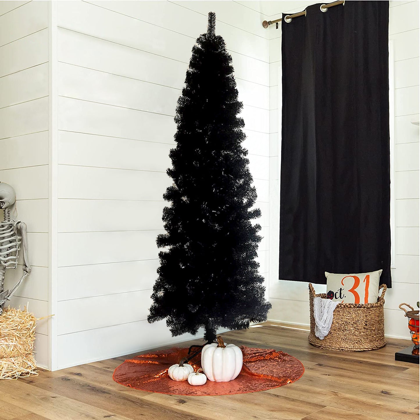 SYNGAR 7.5FT Pencil Christmas Tree, Slim Artificial Xmas Tree with 840 Branch Tips, Christmas Decor, Black