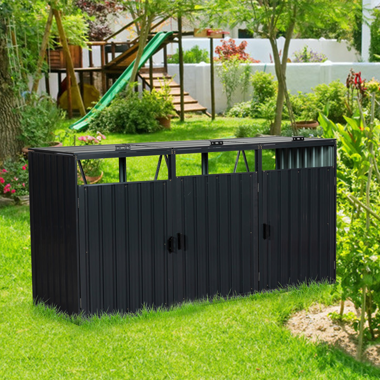 Syngar Outdoor Horizontal Storage Shed, 35 cu. ft. All-Weather Resin Tool Shed, Lockable Double Door Shed for Storage of Garden Tools, Pool Accessories, Bikes, Garbage Bin, for Garden Yard Lawn Pool