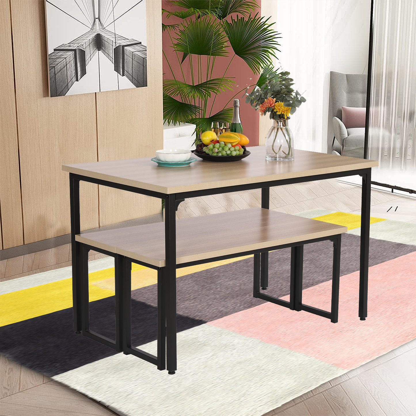 SYNGAR 3 Piece Kitchen Table Set, Modern Dining Set with 2 Benches, Home Dining Table Set for 4, Breakfast Table and Chairs Set, for Small Space, Kitchen, Dining Room, Restaurant, Beige, Y005