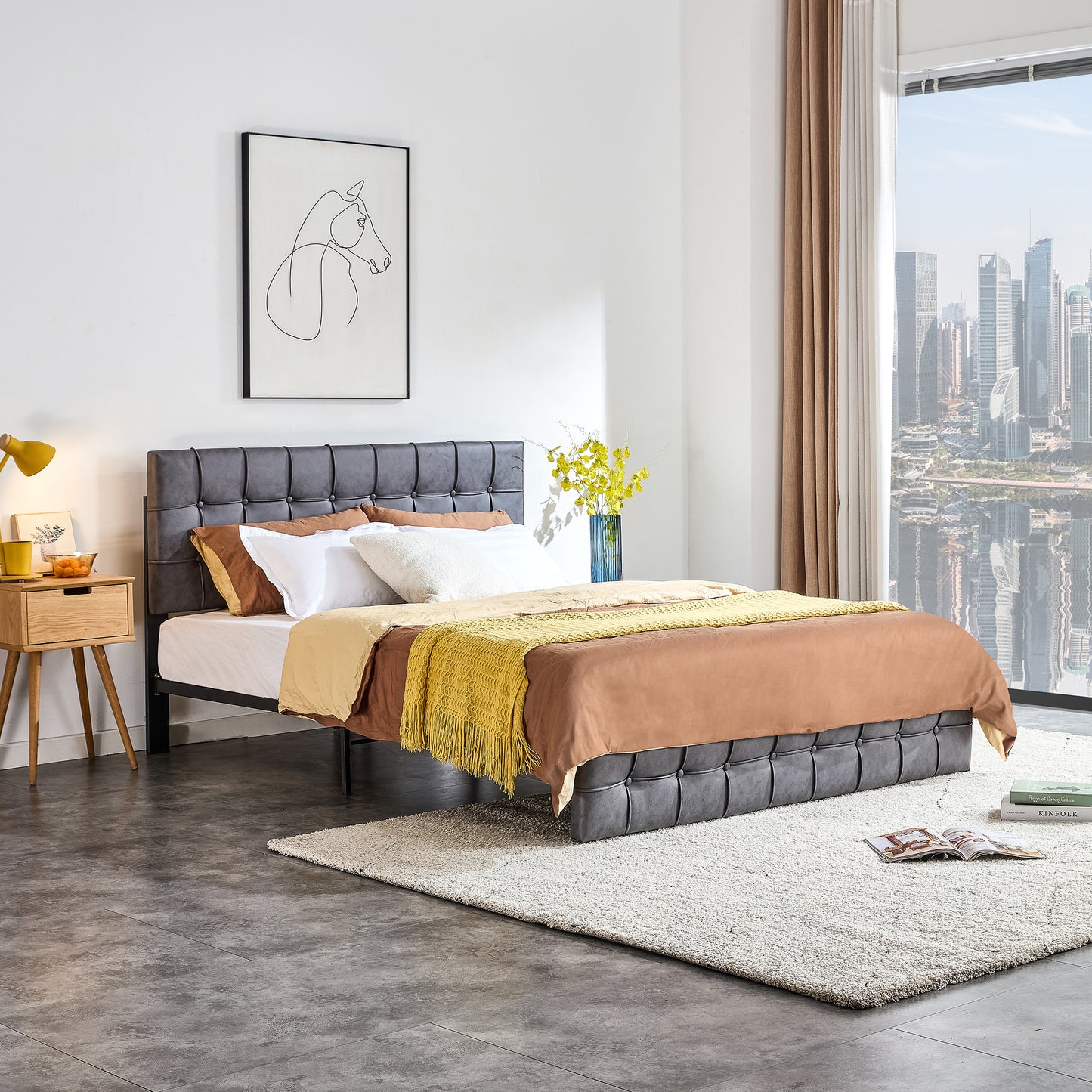 SYNGAR Upholstered Platform Bed Frame King Size with Button Tufted Headboard, Load-Bearing 650LBS, Heavy Duty Wood Mattress Foundation with Strong Slat Support for Kids Teens Adults, Gray