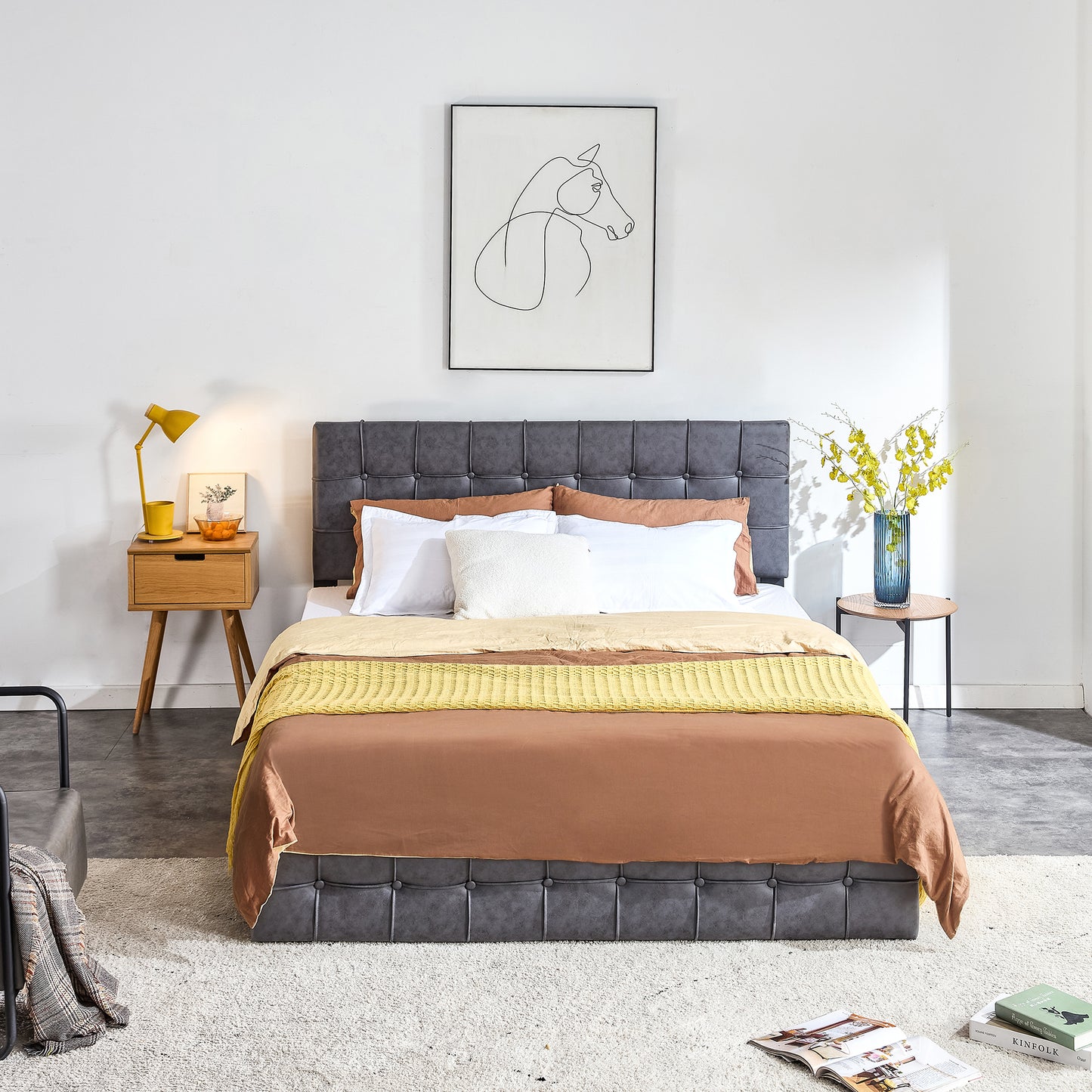 SYNGAR Upholstered King Size Fabric Platform Bed Frame with Button Tufted Headboard, Load-Bearing 650LBS, Gray
