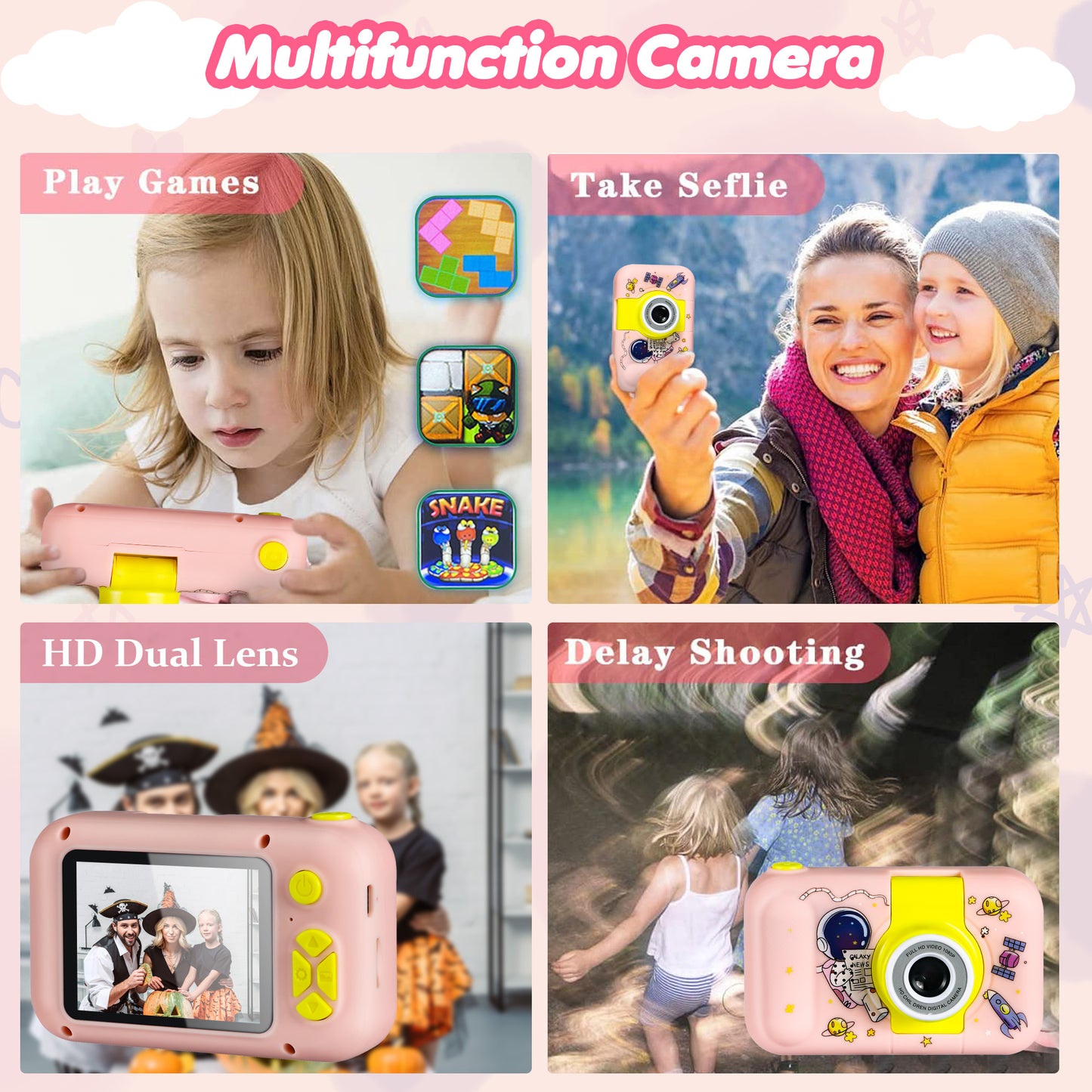Reversible Kids Camera, 1080P Upgrade Selfie Camera with 32 GB Card, Kids Digital Camera for Girls Boys 3-8 Year Old, Perfect Christmas Birthday Festival Toys Gifts for Toddlers, Pink Astronaut
