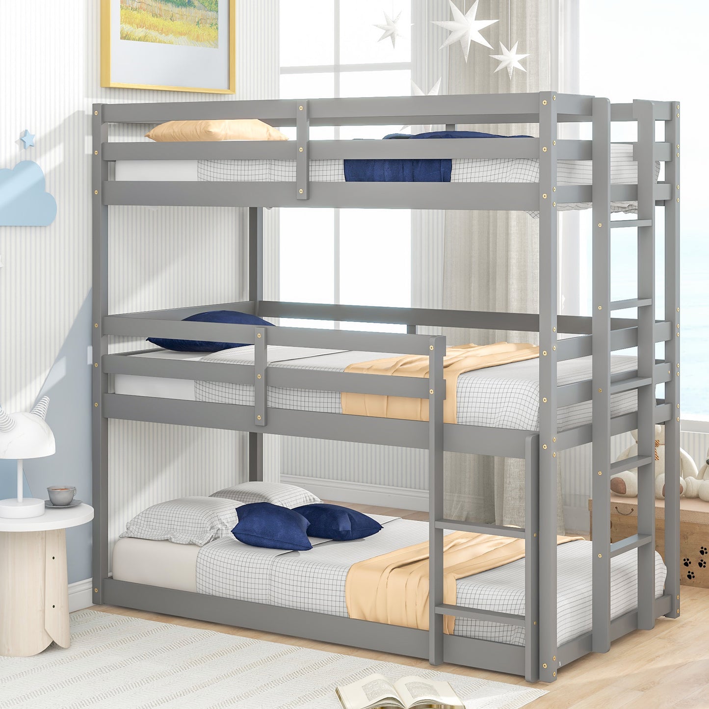 SYNGAR White Wood Triple Bunk Bed Frame for Kids, 3 Twin Bed Triple Floor Bunk Bed with Ladders, Adjustable Detachable Design 3 Bed Frame, No Box Spring Needed, Twin Over Twin Over Twin