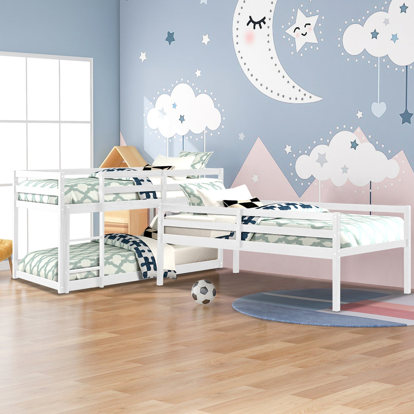 SYNGAR White Wood Triple Bunk Bed Frame for Kids, 3 Twin Bed Triple Floor Bunk Bed with Ladders, Adjustable Detachable Design 3 Bed Frame, No Box Spring Needed, Twin Over Twin Over Twin
