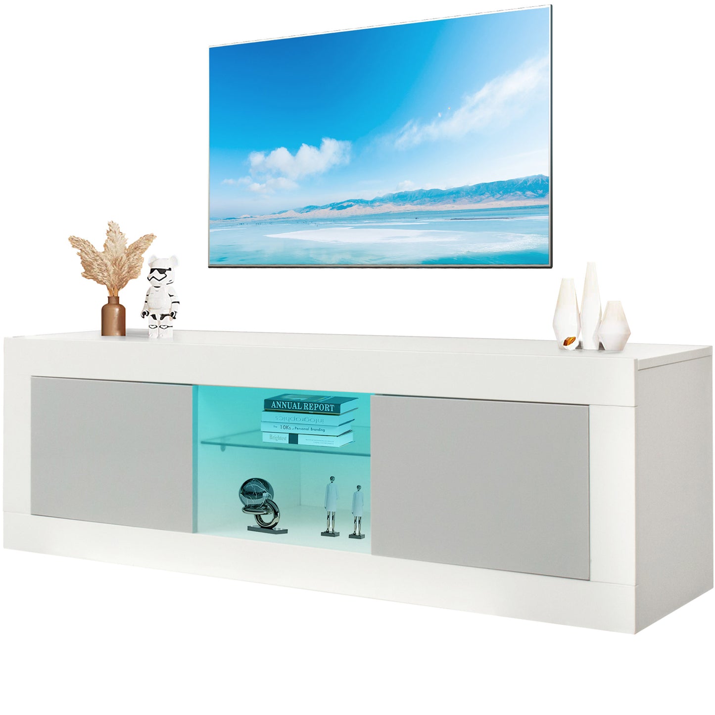 SYNGAR White TV Stand for 65 inch TV, Modern High Glossy TV Console Table Stand with 16 Colors LED Lights, Living Room TV Table Stand Buffet Cabinet with Storage, 58"L×14" W×21"H