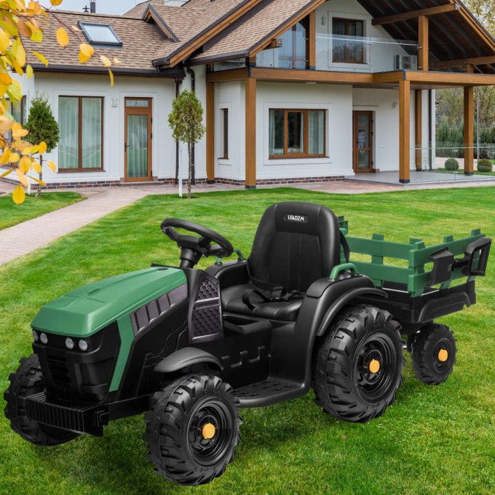 SYNGAR Kids Electric Tractor with Trailer, 12V Children Ride On Tractor, Pedal Powered Kids Ride on Car, 2 Speeds Children's Riding Car with Leather Seat Music Lights for 3 to 8 Years