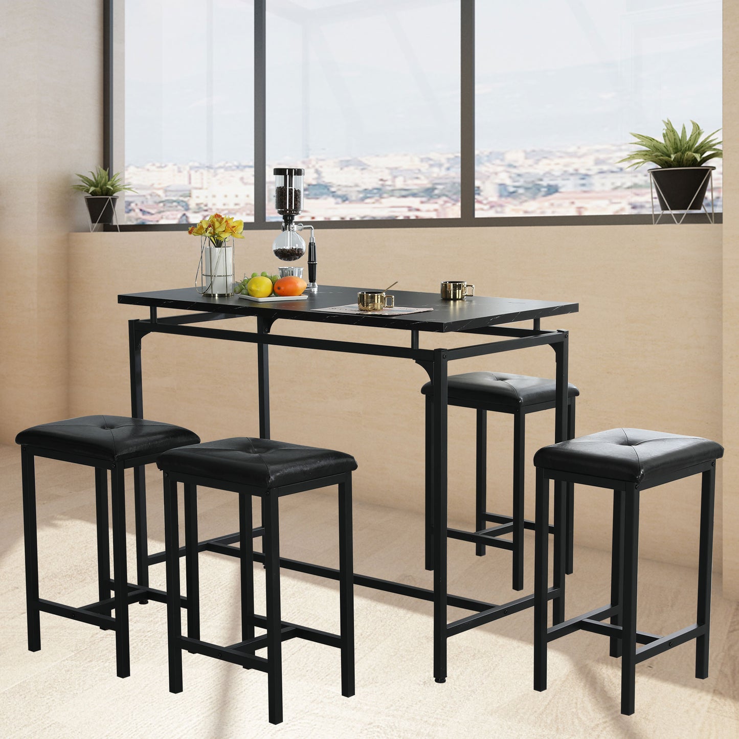 SYNGAR 5 Piece Dining Table Set, Modern Pub Table Set W/ 4 PU Leather Cushioned Stools, Counter Height Faux Marble Bar Table Set, 4-Person Dining Table & Stools Set, Kitchen Breakfast Table Set, Y008