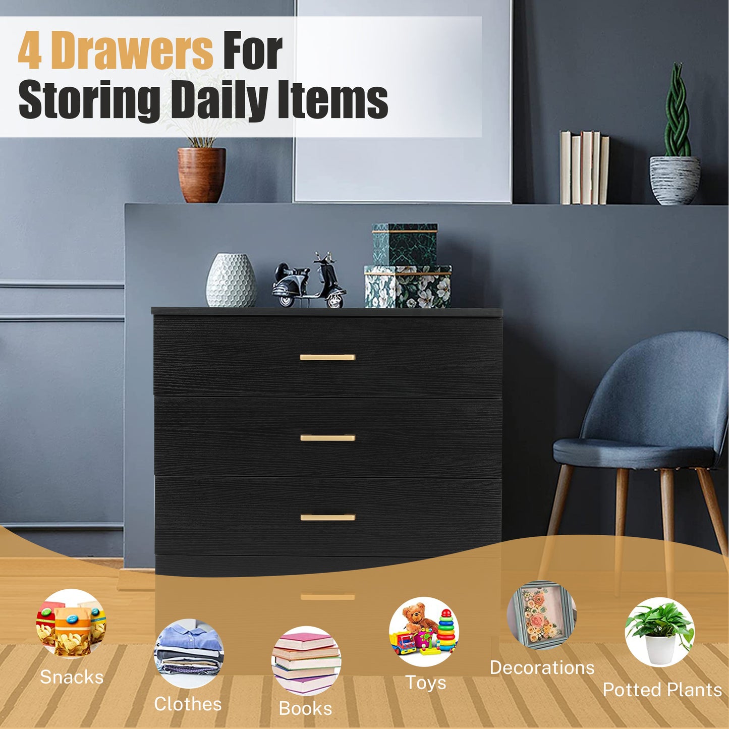 SYNGAR Black 4 Drawer Dresser, Chest of Drawers for Bedroom, Modern Storage Cabinet Dresser Organizer Unit with Handle for Living Room, Closet, Hallway, Nursery