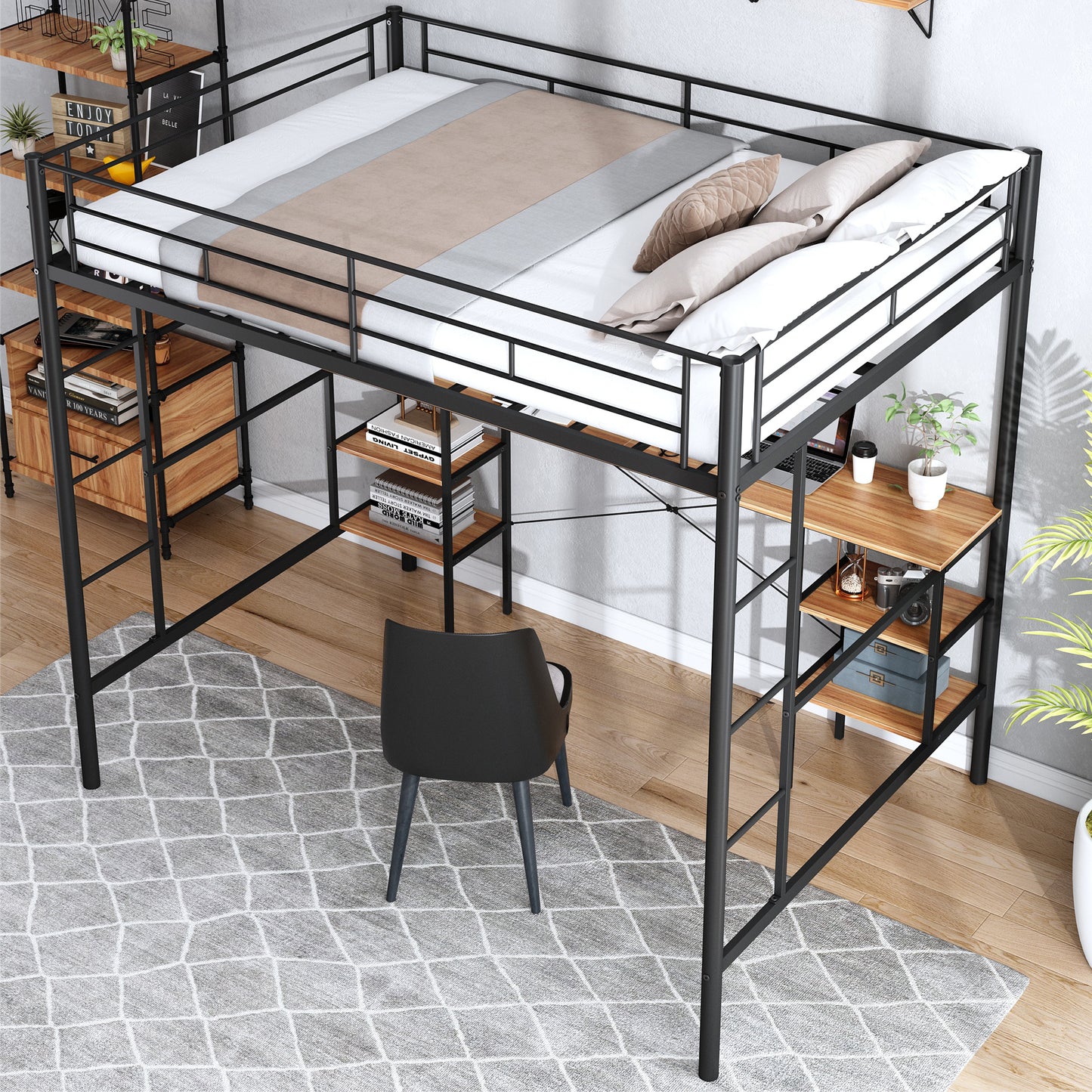 SYNGAR Twin Loft Bed with Desk, Metal Loft Bed with 4 Storage Shelves, Space-Saving Bed Frame with Bilateral Ladders and Safety Guard Rails for Boys Girls Kids Teens Adults, Black