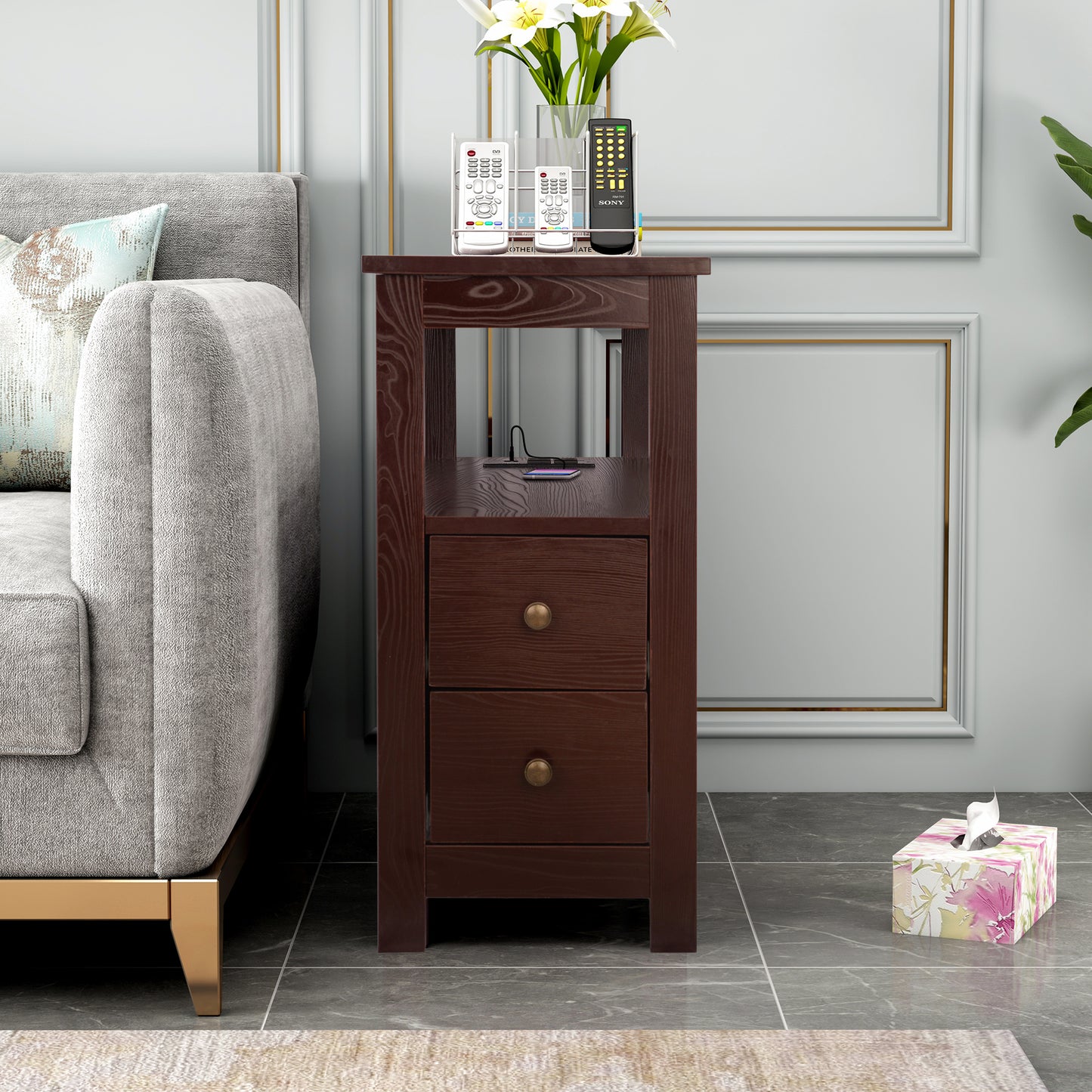 SYNGAR Side Table for Living Room, Nightstand Set of 2, Modern Side Cabinet W/ 2 Drawers, Open Shelf, Power Outlets & USB Ports, Wood End Table with Storage, Bedside Table for Bedroom, Espresso, D4684