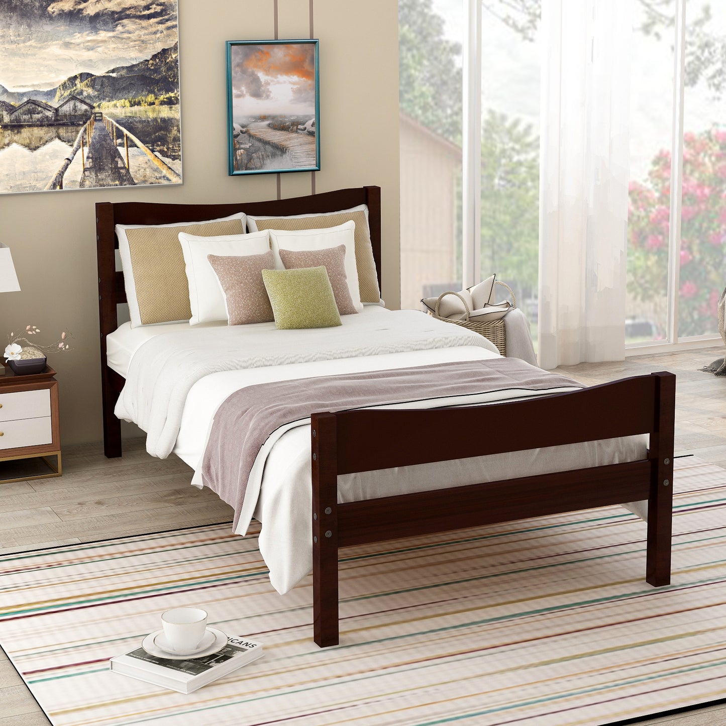 SYNGAR Twin Size Wood Platform Bed Frame with Headboard and Footboard, Underbed Storage, Mattress Foundation with Strong Wooden Slat Support, No Box Spring Needed, Espresso