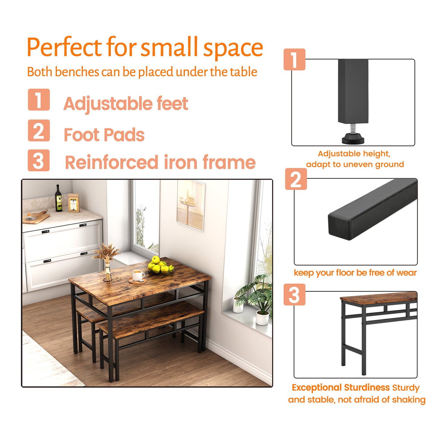 SYNGAR 3 Piece Dining Table Set, Modern Kitchen Table and Bench for 6, MDF Board Table Top and Metal Frame Kitchen Furniture Set, Breakfast Nook Table with 2 Benches for Home Apartment Office, B1189
