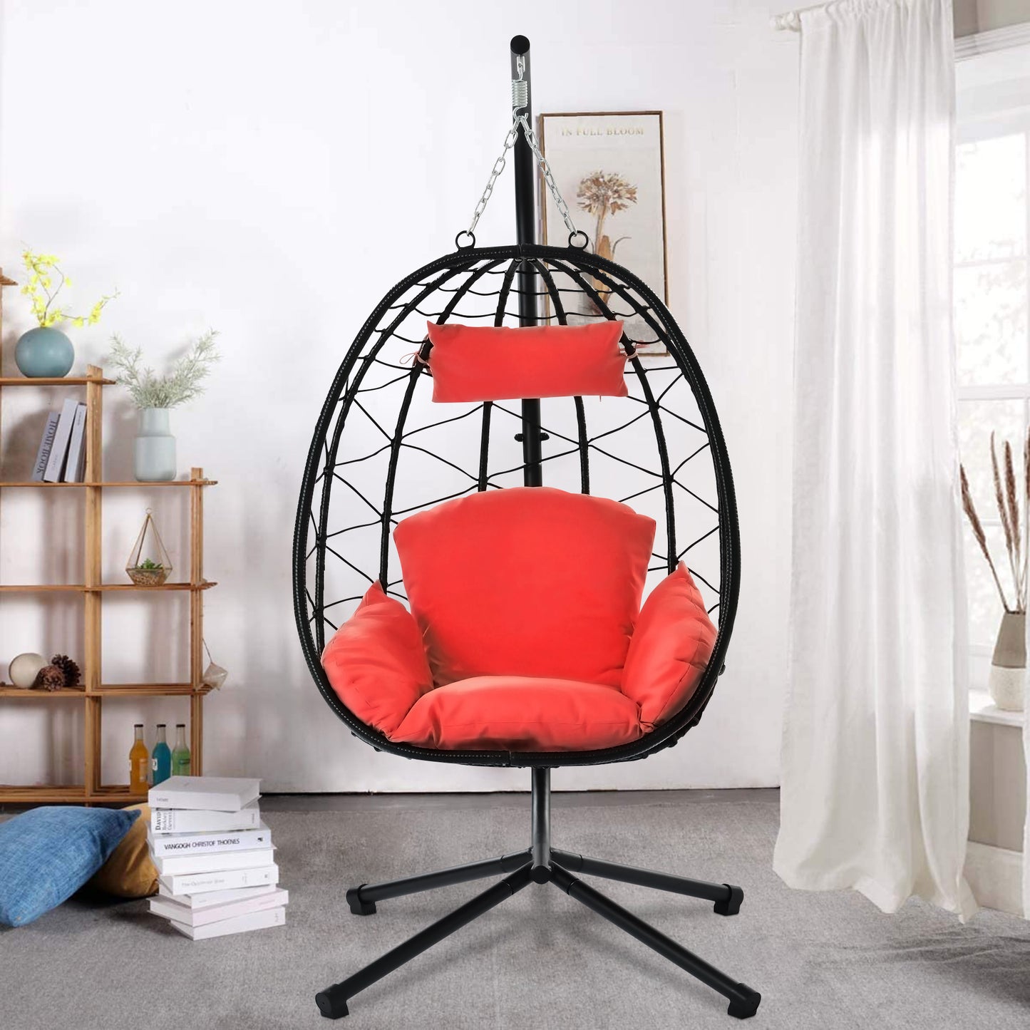 SYNGAR Egg Chair with Stand, Wicker Swing Chair, Patio Hammock Chair with Soft Cushion, Indoor Outdoor Balcony Bedroom Basket Hanging Lounge Chair, Heavy Duty Frame for 300 lbs Capacity, Red, Y024