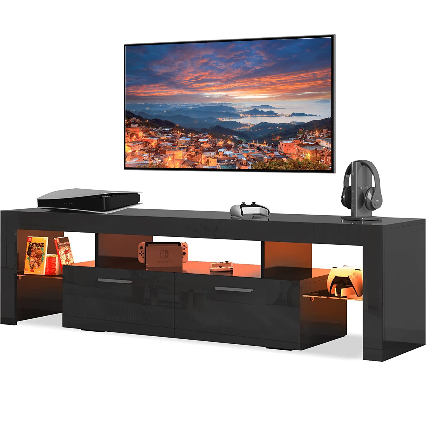 White TV Stand for 70 inch TV, Modern High Glossy Television Table Stands TV Cabinet Console Table with 16 Colors LED Lights, TV Buffet Cabinet with Storage, Living Room Entertainment Center