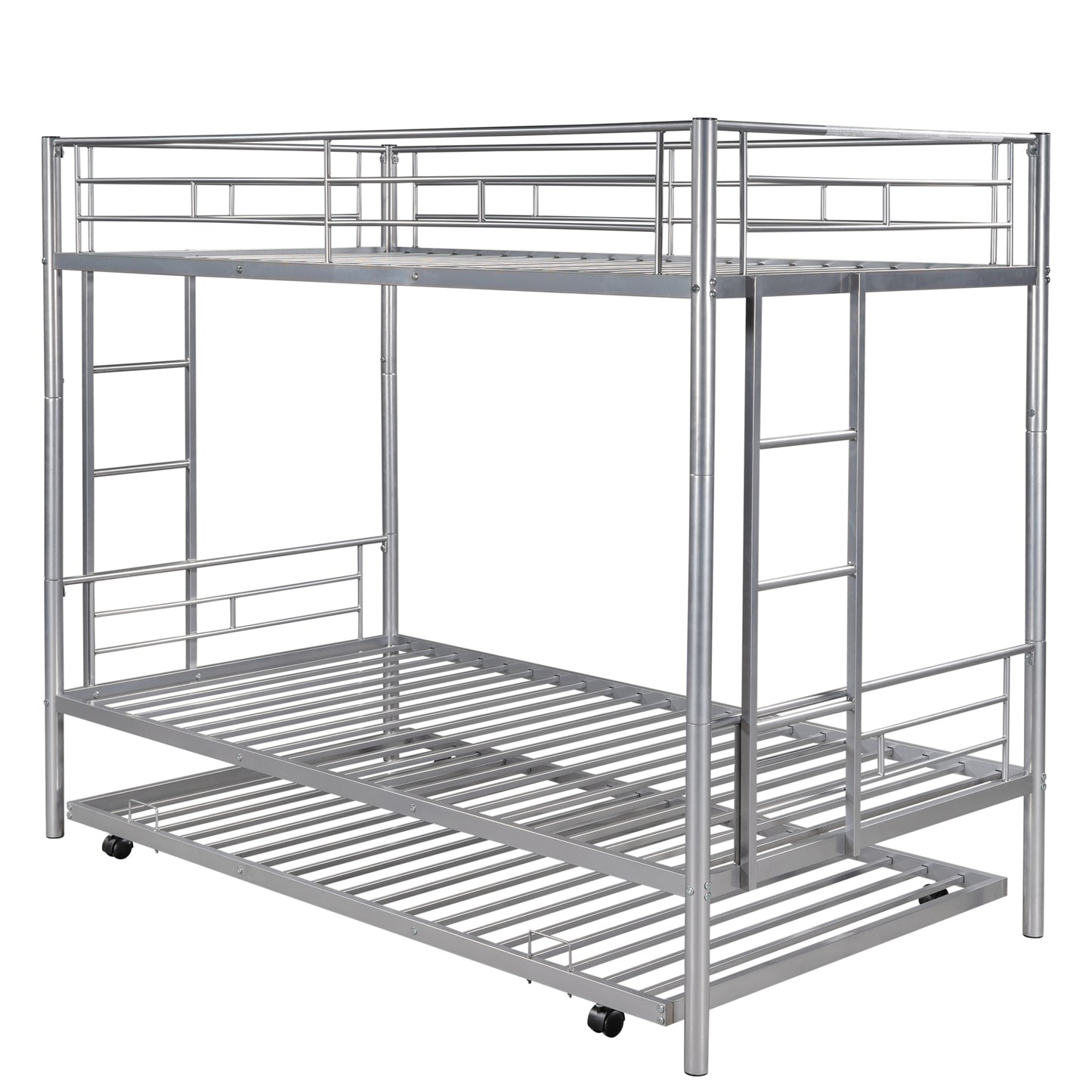 Twin over Twin Bunk Bed Frame with Trundle, SYNGAR Upgraded Bunk Beds with Ladder & Guardrail, Heavy Duty Kids Bedroom Furniture Bunk Bed for Boys and Girls, Space Saver Guest Room Bunk, Silver, C24