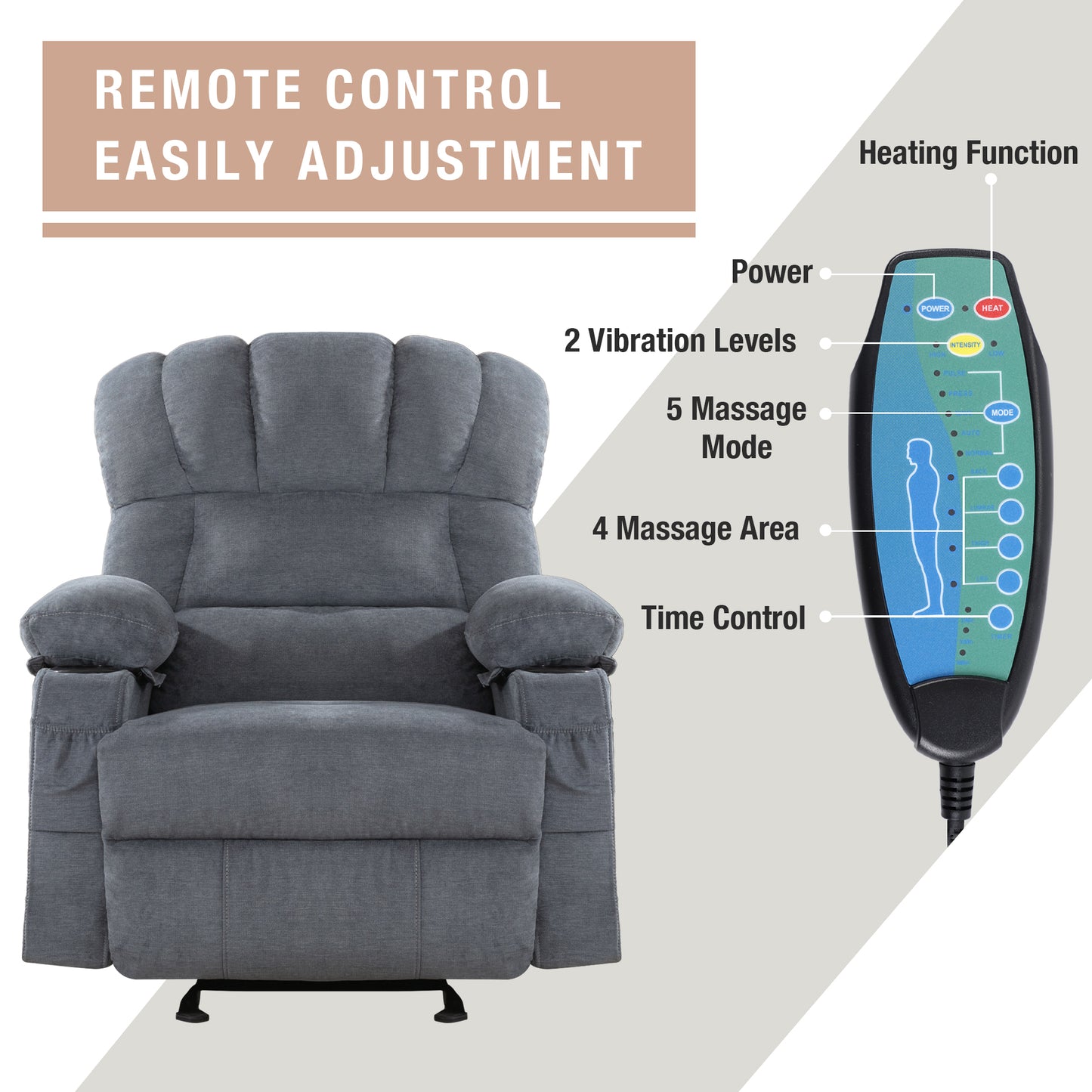 SYNGAR Manual Recliner Chair with Heat Therapy and Massage Function, Heavy Duty Reclining Mechanism Massage Chair, Elderly Single Rocker Sofa with Cup Holders for Bedroom Home Theater, Brown