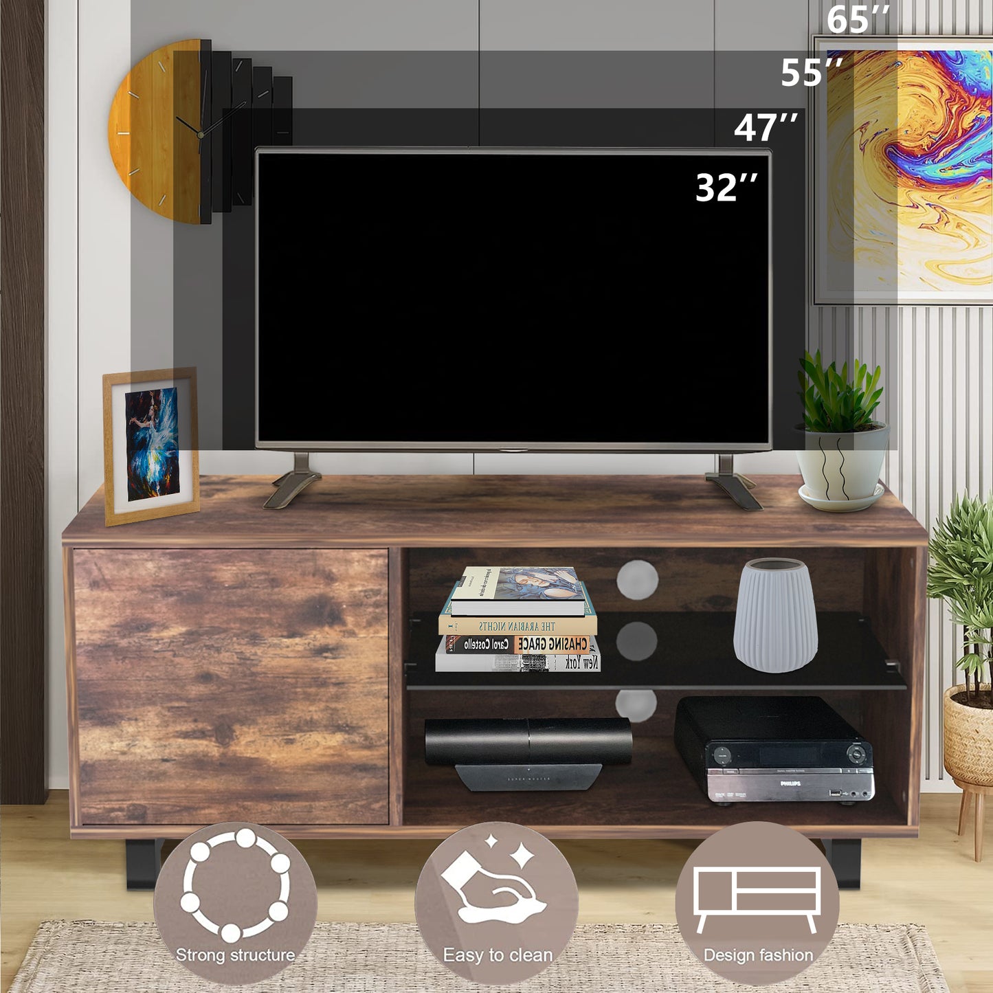 SYNGAR Rustic Brown Farmhouse TV Stand with Mount for 32-65 inch TVs, 2 in 1 TV Mount Stand Table Storage Cabinet Entertainment Center, Swivel Floor TV Stand Mount for Living Room Bedroom Office