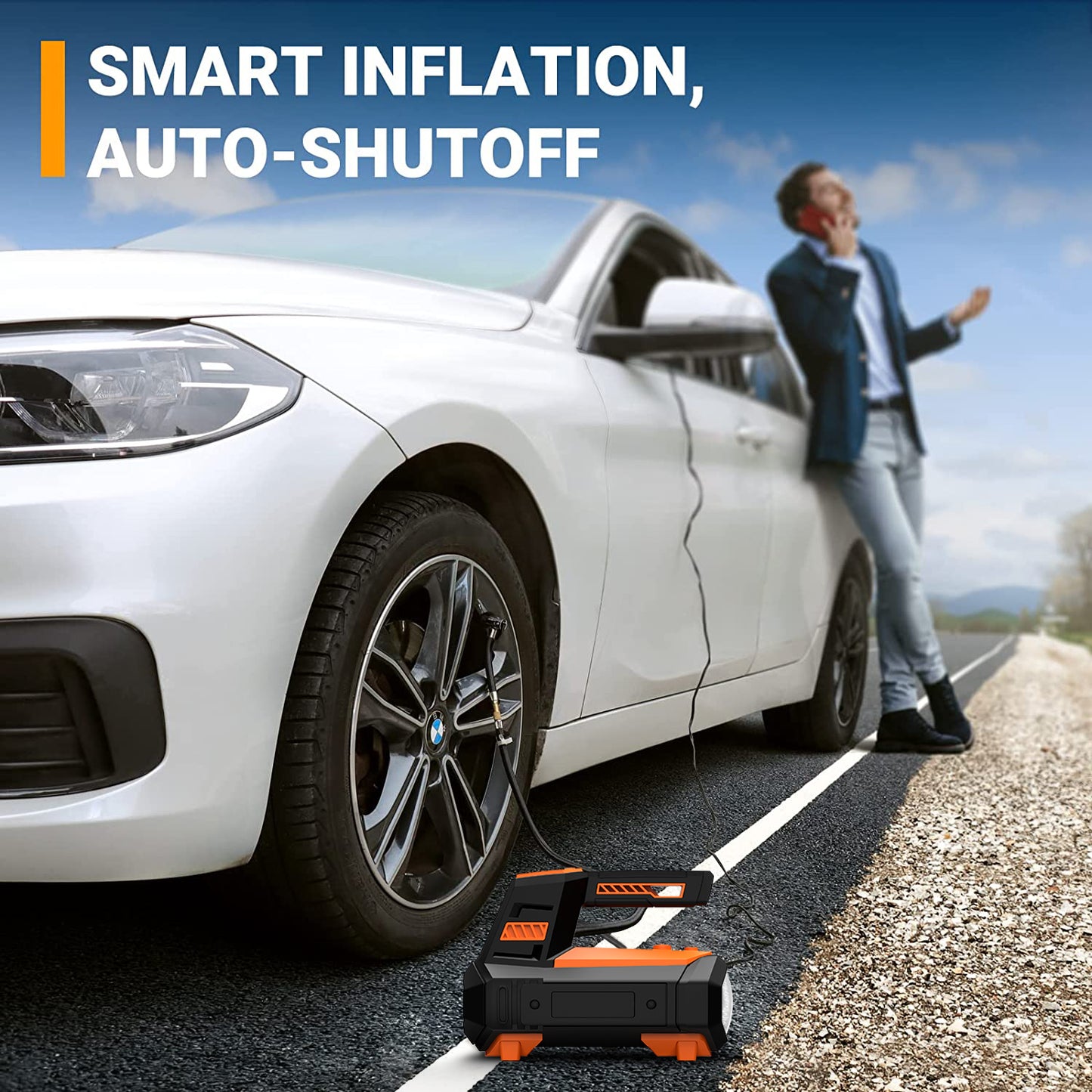 Portable Tire Inflator 12V, Portable DC Air Compressor for Car Tires, Mini Car Air Compressors Tool with LED Light, Digital Air Pump for Car Tires, Bicycles and Other Inflatables, Orange