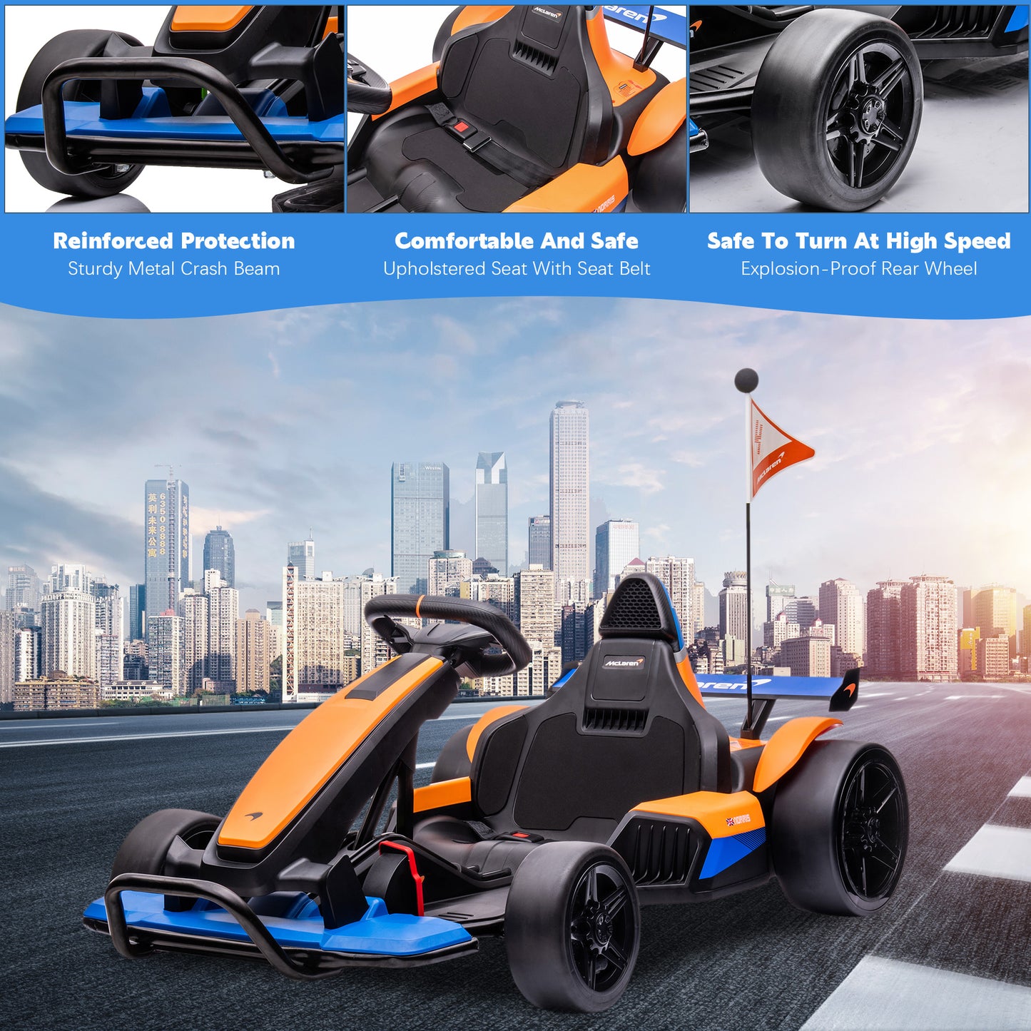 SYNGAR 24V Go Kart for Kids Age 6+, Licensed Mclaren Battery Powered Ride on Car with Safety Belt and Touch Control, ASTM Safety Certified