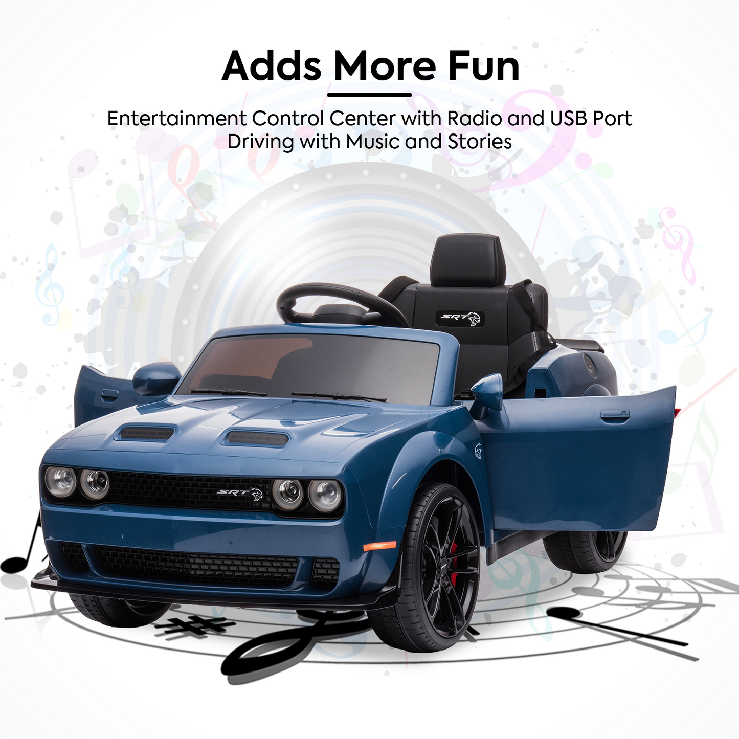Power Dodge Challenger SRT Ride on Toy, 12 Volt Battery Powered Electric Car with Remote Control, Horn, LED Lights, USB Port for Boys Girls Birthday Gift, Blue