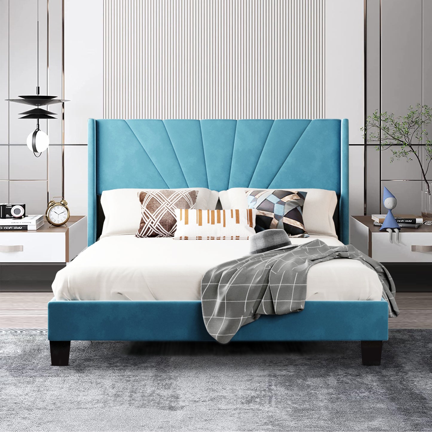 Syngar Velvet Upholstered Platform Bed Frame with Headboard, Queen Size Bed for Kids Teens Adults, Box Spring Needed, 500 LBS Load Capacity, Beige