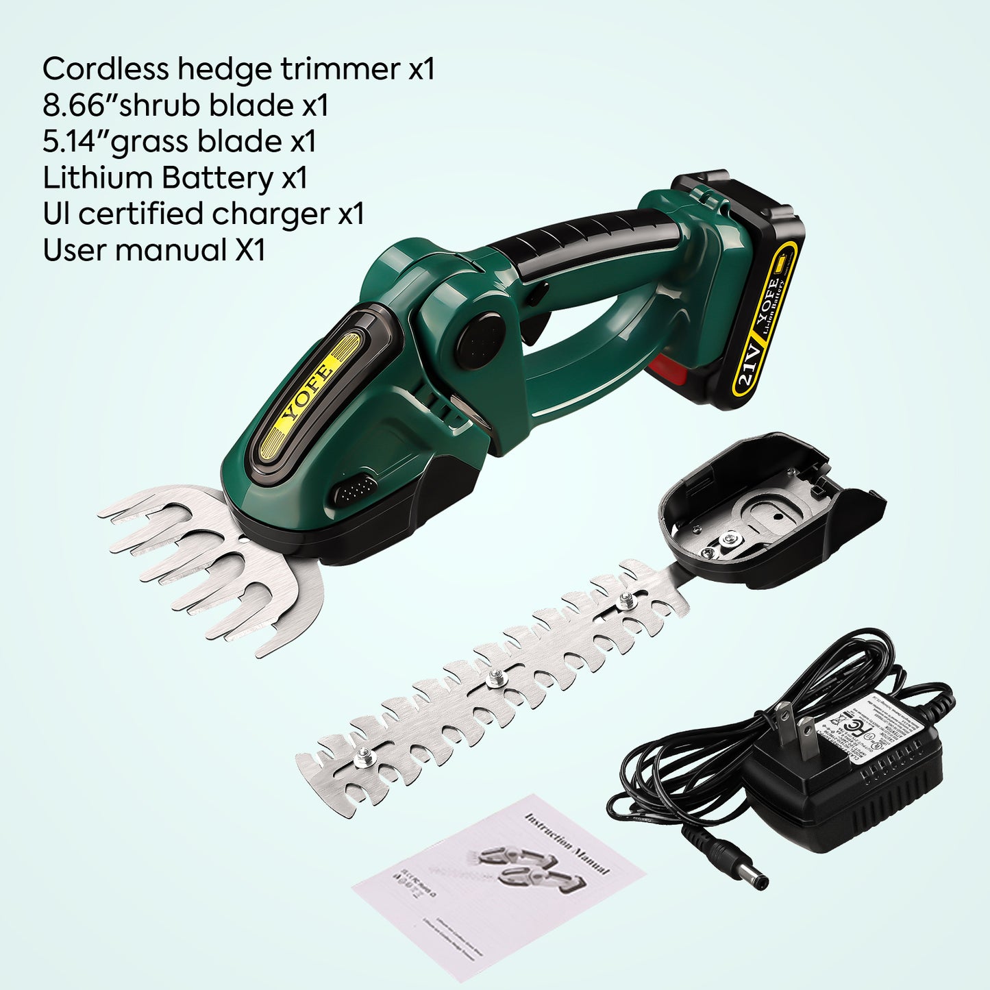 SYNGAR Electric Cordless Hedge Trimmer 2 in 1, Power Grass Shear Handheld Shrubbery Trimmer with Rechargeable Battery and Charger, 1.65lbs Lightweight, Green