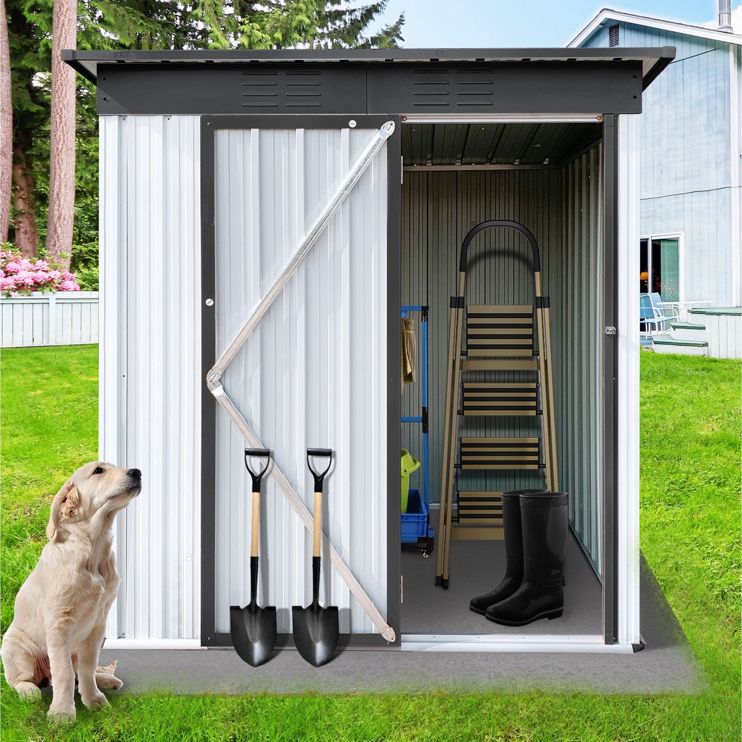 Outdoor Shed Storage Cabinet, 5FT X 3FT Garden Storage Shed Metal with Lockable Doors, Outside Vertical Shed for Patio Lawn Backyard Trash Cans Pet, LJ3945