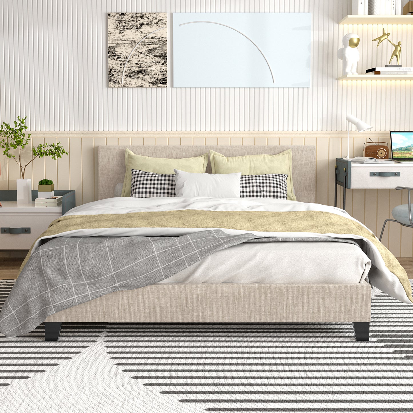 SYNGAR Full Size Platform Bed Frame with Linen Fabric Upholstered Button Tufted Headboard, Sturdy Sturdy Frame and Strong Wooden Slats, No Box Spring Needed, Gray