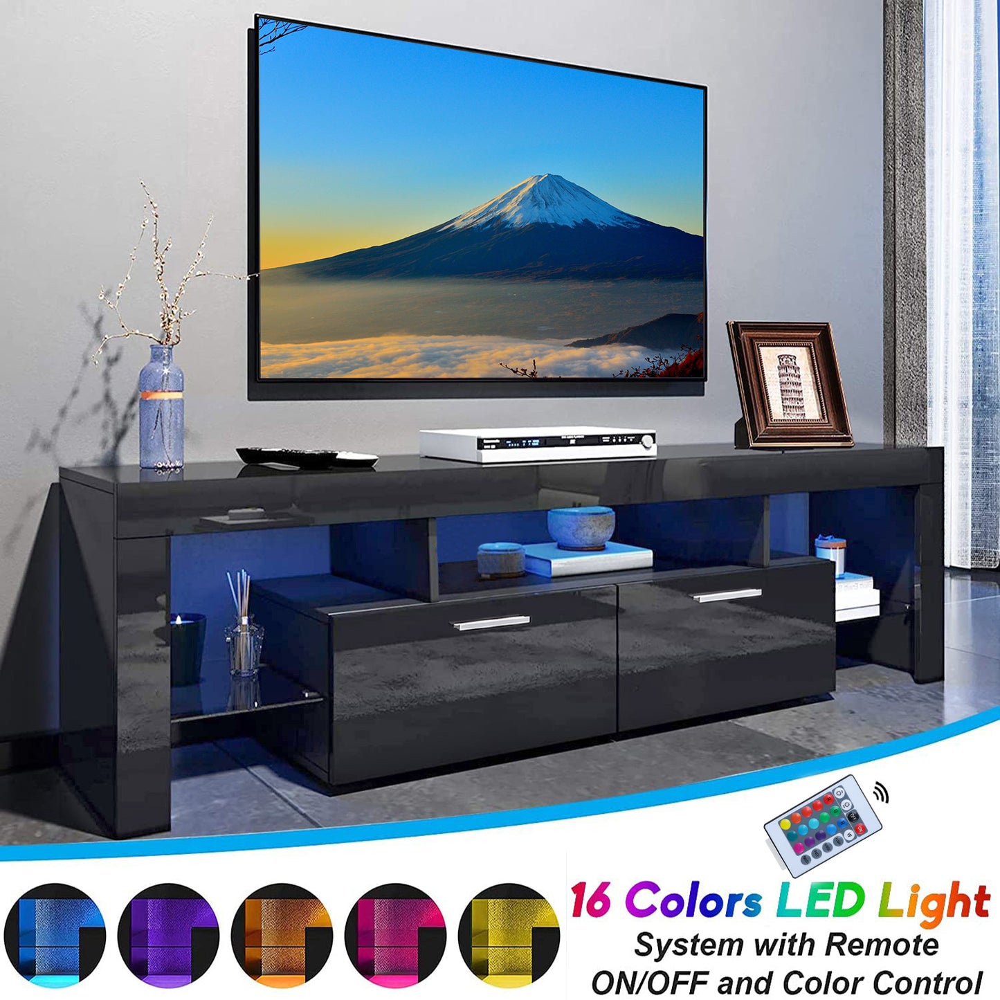 SYNGAR Modern TV Stand for TV up to 70 inches, TV Table Stand with 16-Color LED Lights, TV Console Table with Storage, Black, 63"L×14" W×18"H