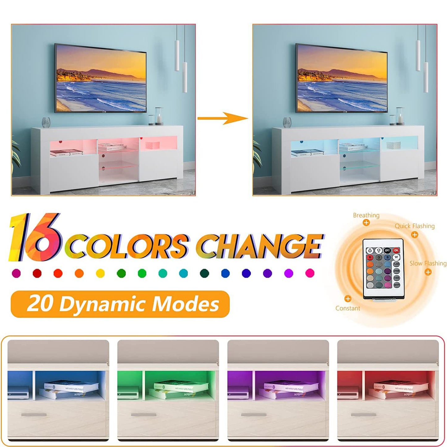 SYNGAR White TV Stand for 65 inch TV, Modern High Glossy TV Console Table Stand with 16 Colors LED Lights, Living Room TV Table Stand Buffet Cabinet with Storage, 58"L×14" W×21"H