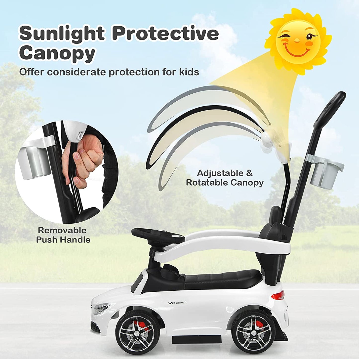 Push Car for Toddlers, 3 in 1 Licensed Mercedes Benz Car Stroller with Canopy, Parent Handle, Safety Bar, Cup Holder, Music, Horn and Storage, Baby Ride on Car for 1-3 Years Boys & Girls, White, C16