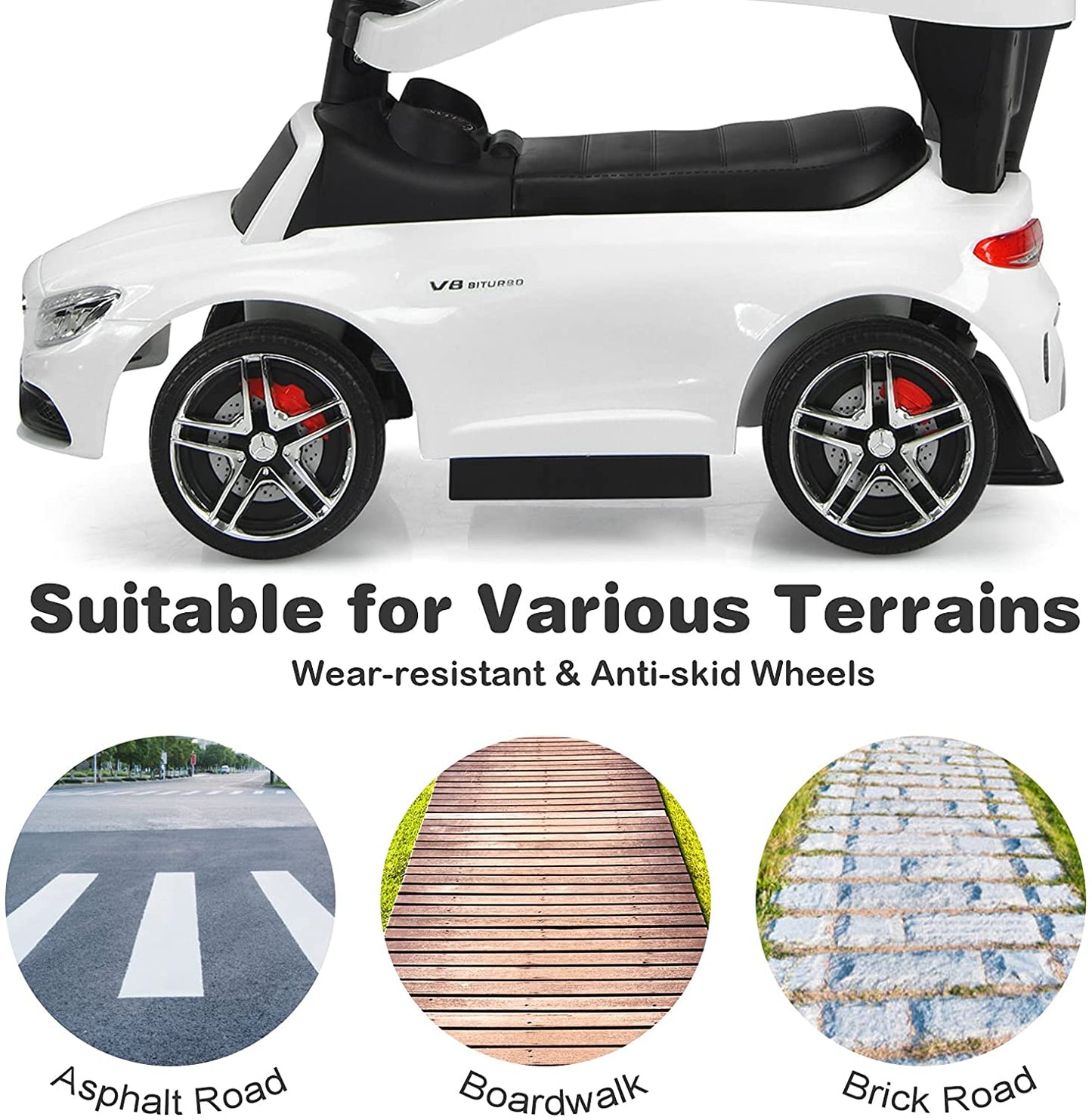 Push Car for Toddlers, 3 in 1 Licensed Mercedes Benz Car Stroller with Canopy, Parent Handle, Safety Bar, Cup Holder, Music, Horn and Storage, Baby Ride on Car for 1-3 Years Boys & Girls, White, C16