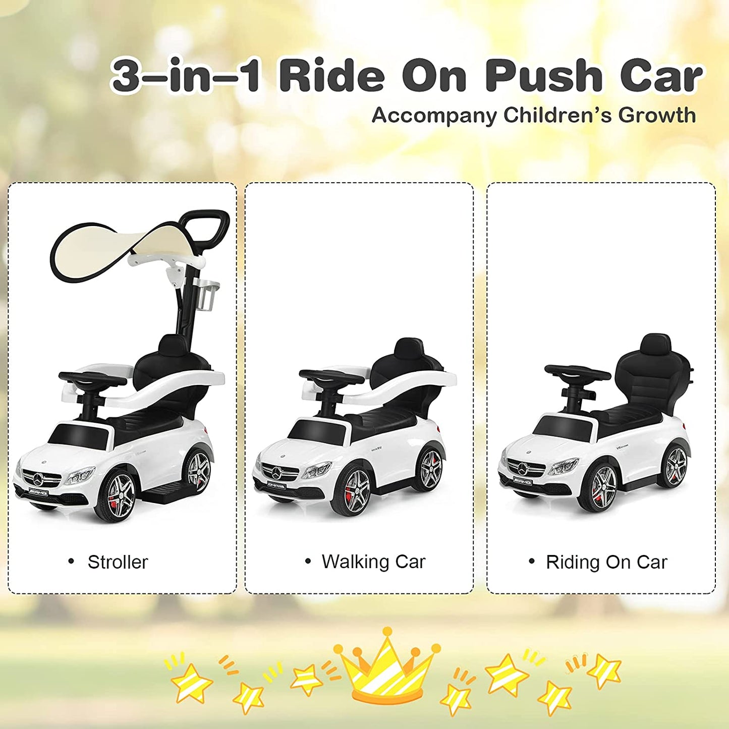 Push Car for Toddlers, 3 in 1 Licensed Mercedes Benz Car Stroller with Canopy, Parent Handle, Safety Bar, Cup Holder, Music, Horn and Storage, Baby Ride on Car for 1-3 Years Boys & Girls, White, C16