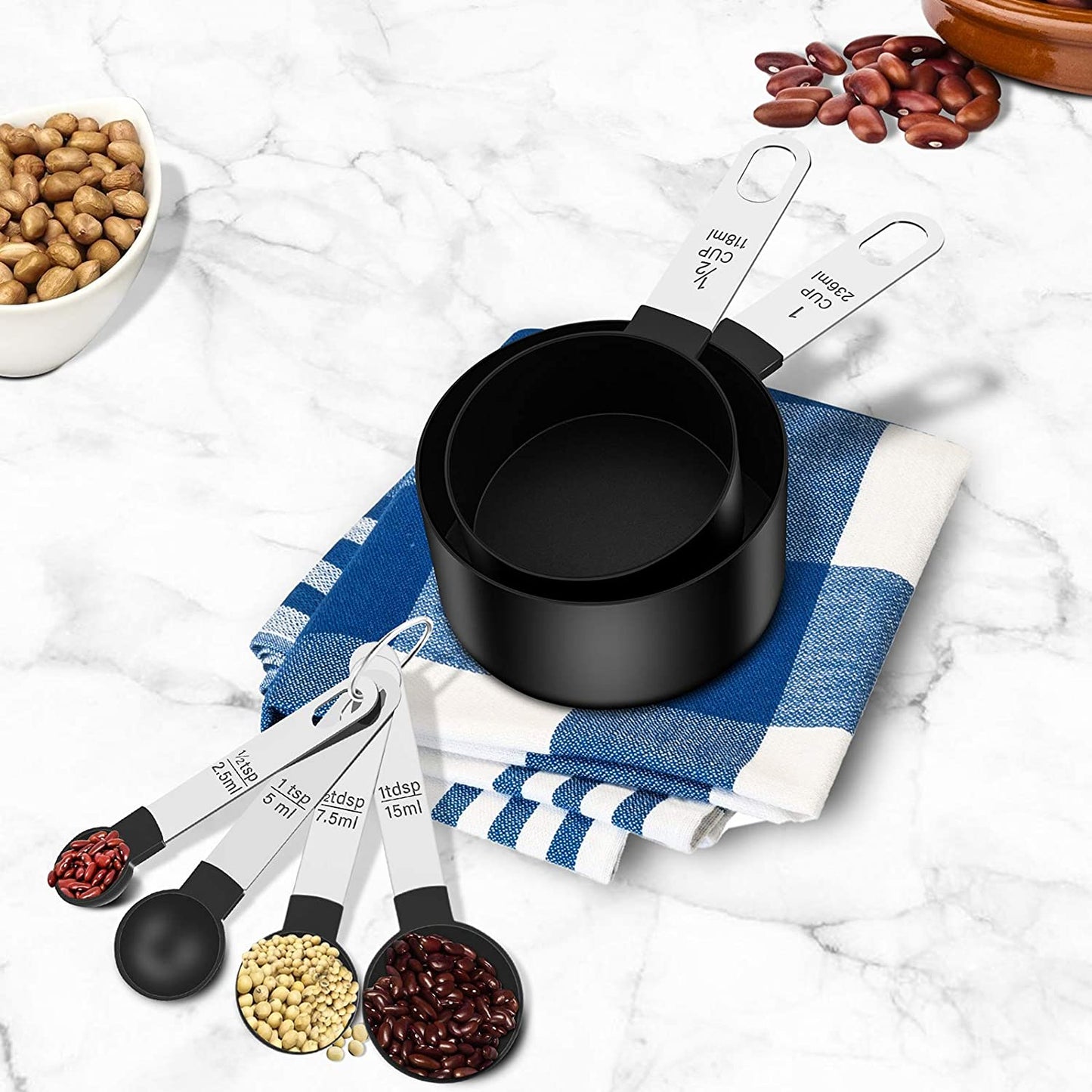 SYNGAR Black Measuring Cups and Spoons Set, Stackable Kitchen Tools & Gadgets for Dry/Wet Ingredients, Home Essentials, Measuring Cups for Baking, Cooking, Teaspoons Set, 8-Piece