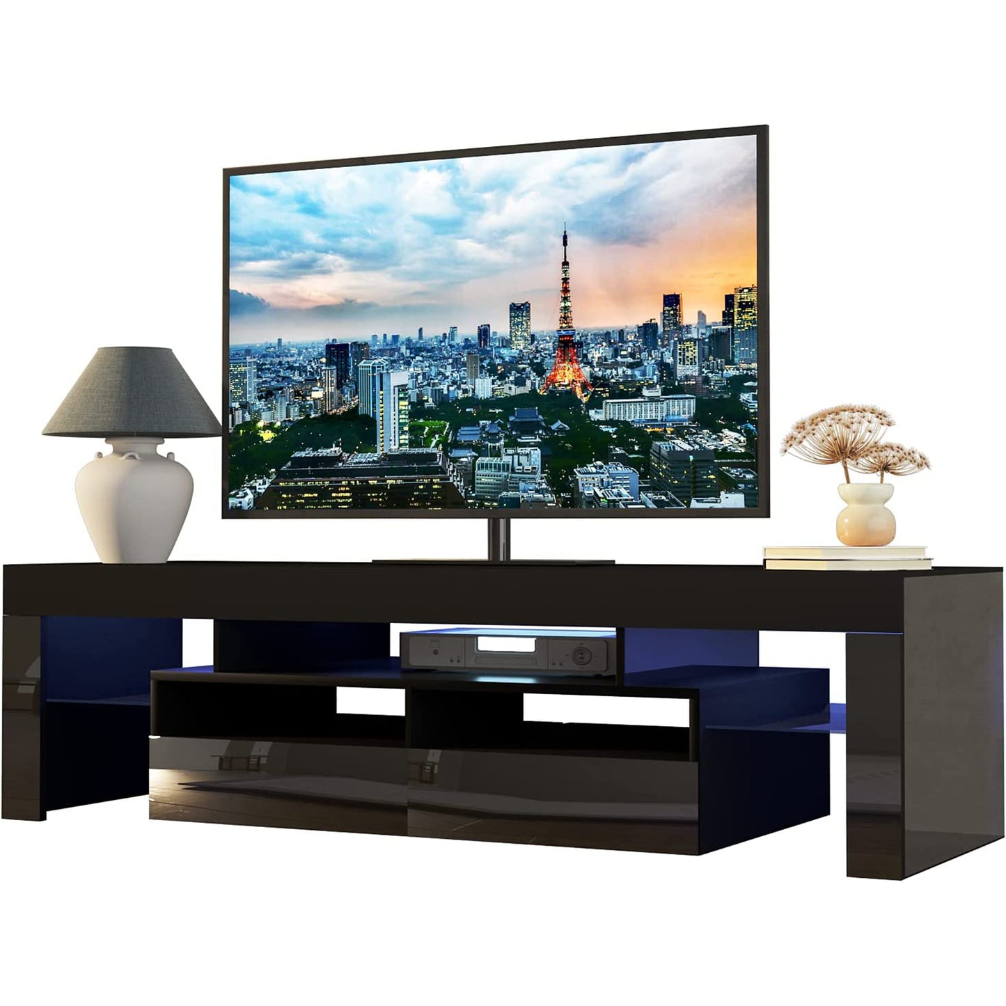 White TV Stand for 70 inch TV, Modern High Glossy Television Table Stands TV Cabinet Console Table with 16 Colors LED Lights, TV Buffet Cabinet with Storage, Living Room Entertainment Center