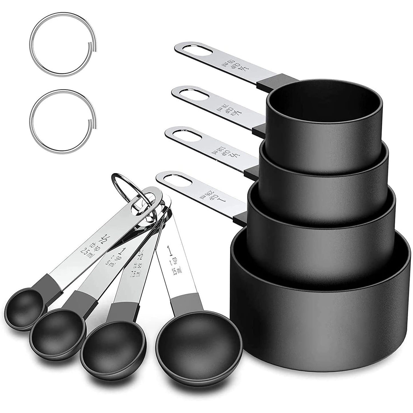 SYNGAR Measuring Cups and Spoons Set, Nesting Measure Cups with Stainless Steel Handle, Home Essentials Measuring 4 Cups and 4 Spoons for Baking, Cooking, Teaspoons Set, Black