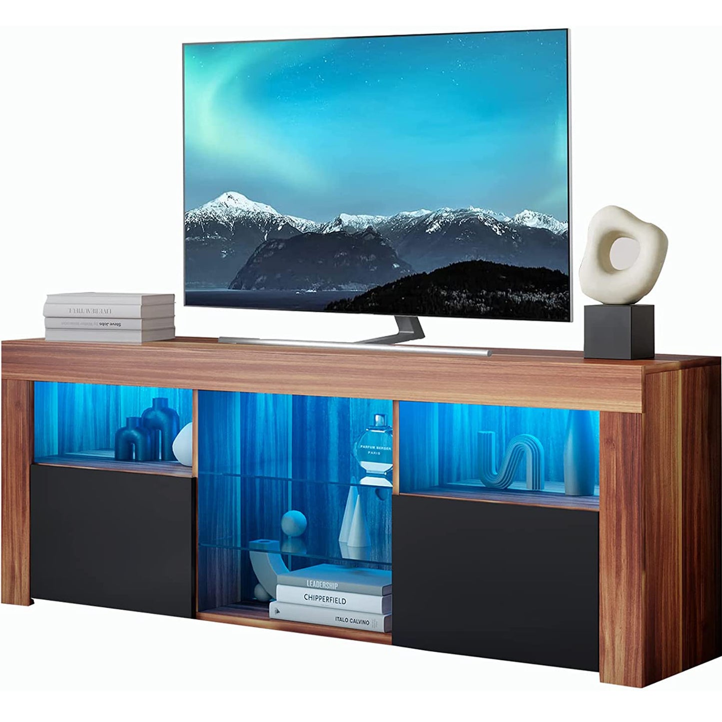SYNGAR White TV Stand for 65 inch TV, Modern High Glossy TV Console Table Stand with 16 Colors LED Lights, Living Room TV Table Stand Buffet Cabinet with Storage, 58"L×14" W×21"H