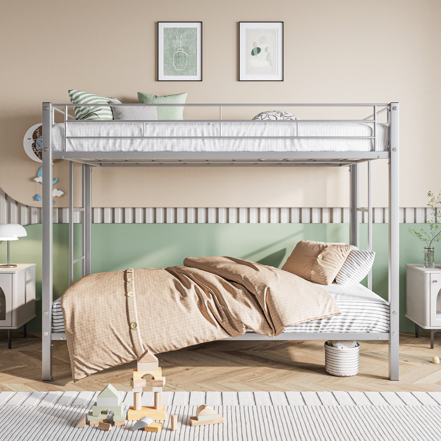 SYNGAR Twin over Twin Bunk Bed with Storage Space, Loft Bunk Bed with 2 Built-in Ladders and Safe Guardrail, Heavy Duty Metal Bunk Bed for Kids Teens Adults Bedroom Apartment, Silver