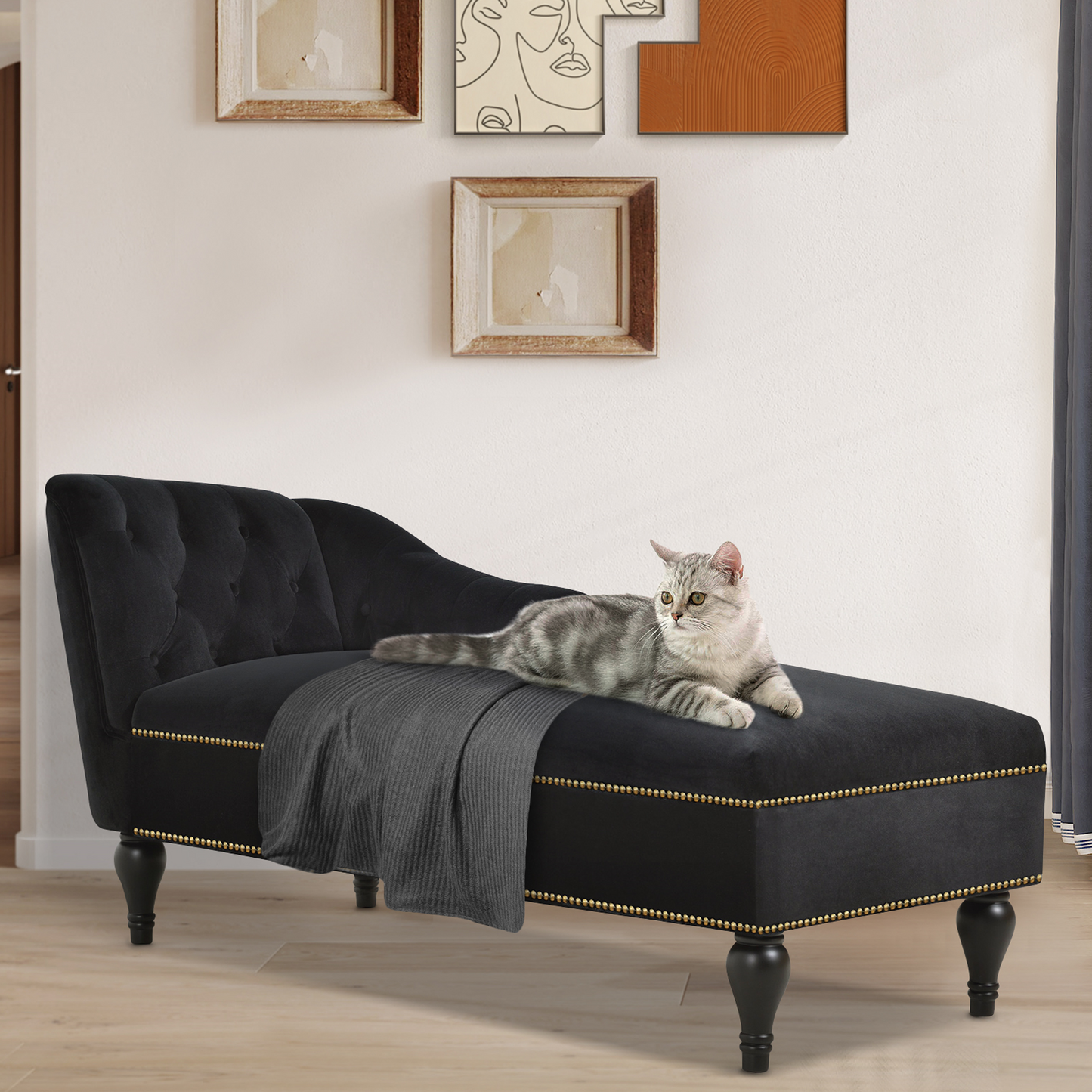 SYNGAR Tufted Upholstered Velvet Rolled Arm Chaise Lounges Indoor Chair, Right Arm Facing Chaise Lounge with Pillow, Nailhead Trim and Solid Wood Legs for Living Room Bedroom Office, Blue