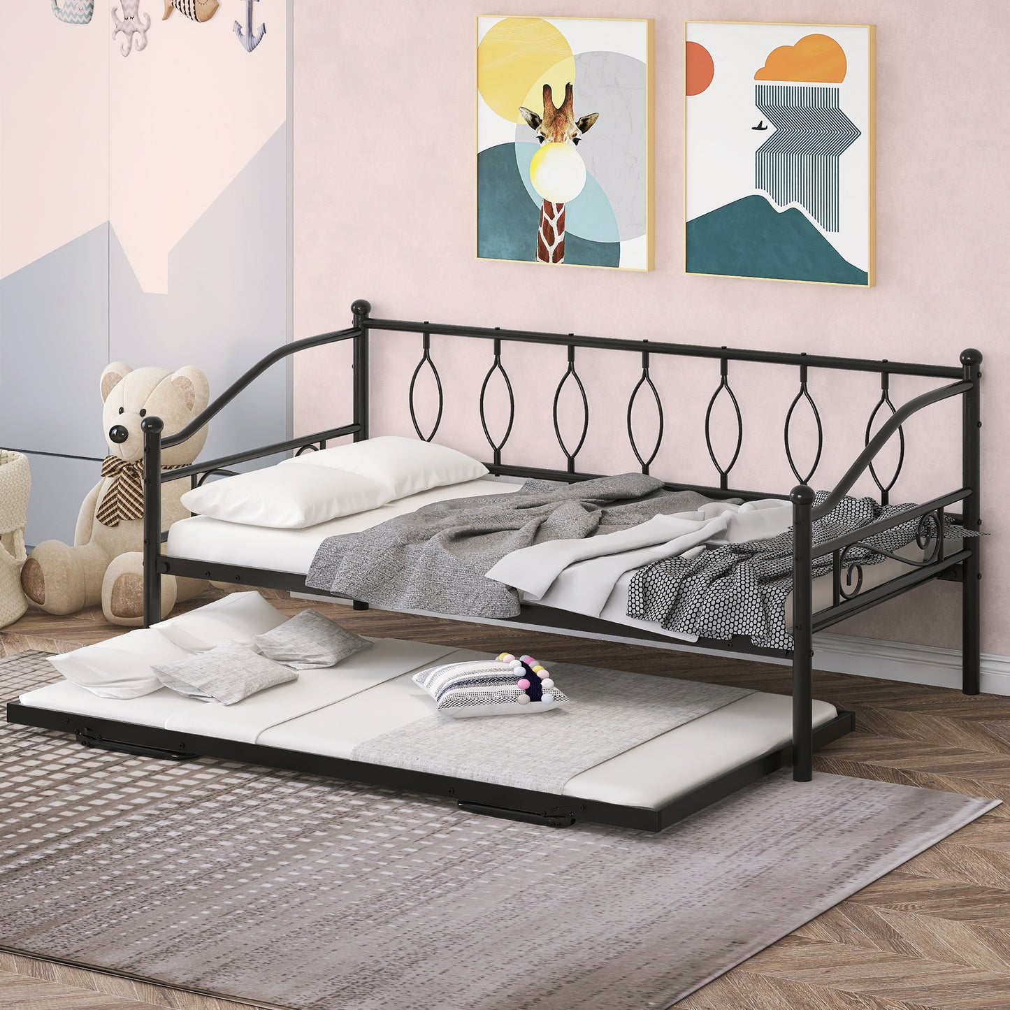 SYNGAR Metal Twin Size Daybed with Roll-Out Trundle, Multifunctional Platform Portable Folding Trundle Bed Frame, Mattress Foundation/Children Bed Sofa for Guest Living Room, Black
