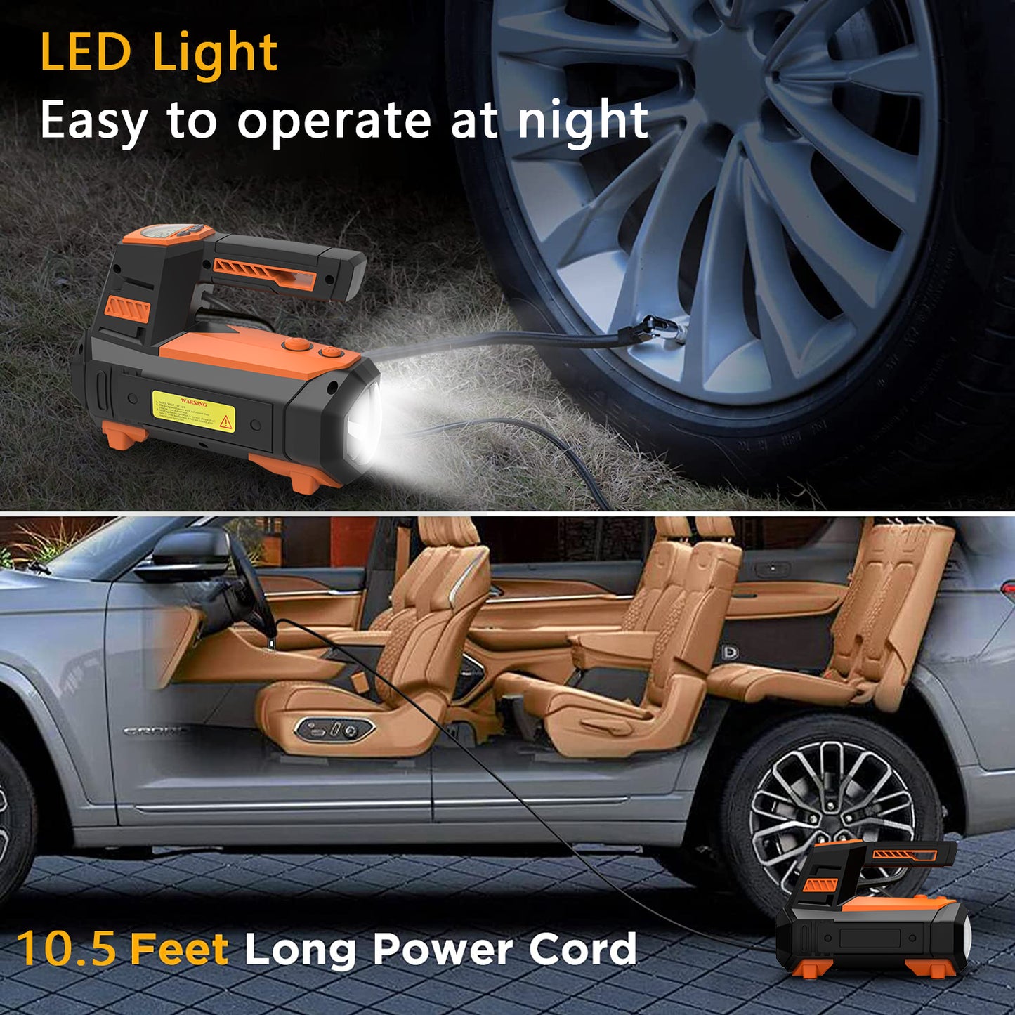 Portable Tire Inflator 12V, Portable DC Air Compressor for Car Tires, Mini Car Air Compressors Tool with LED Light, Digital Air Pump for Car Tires, Bicycles and Other Inflatables, Orange