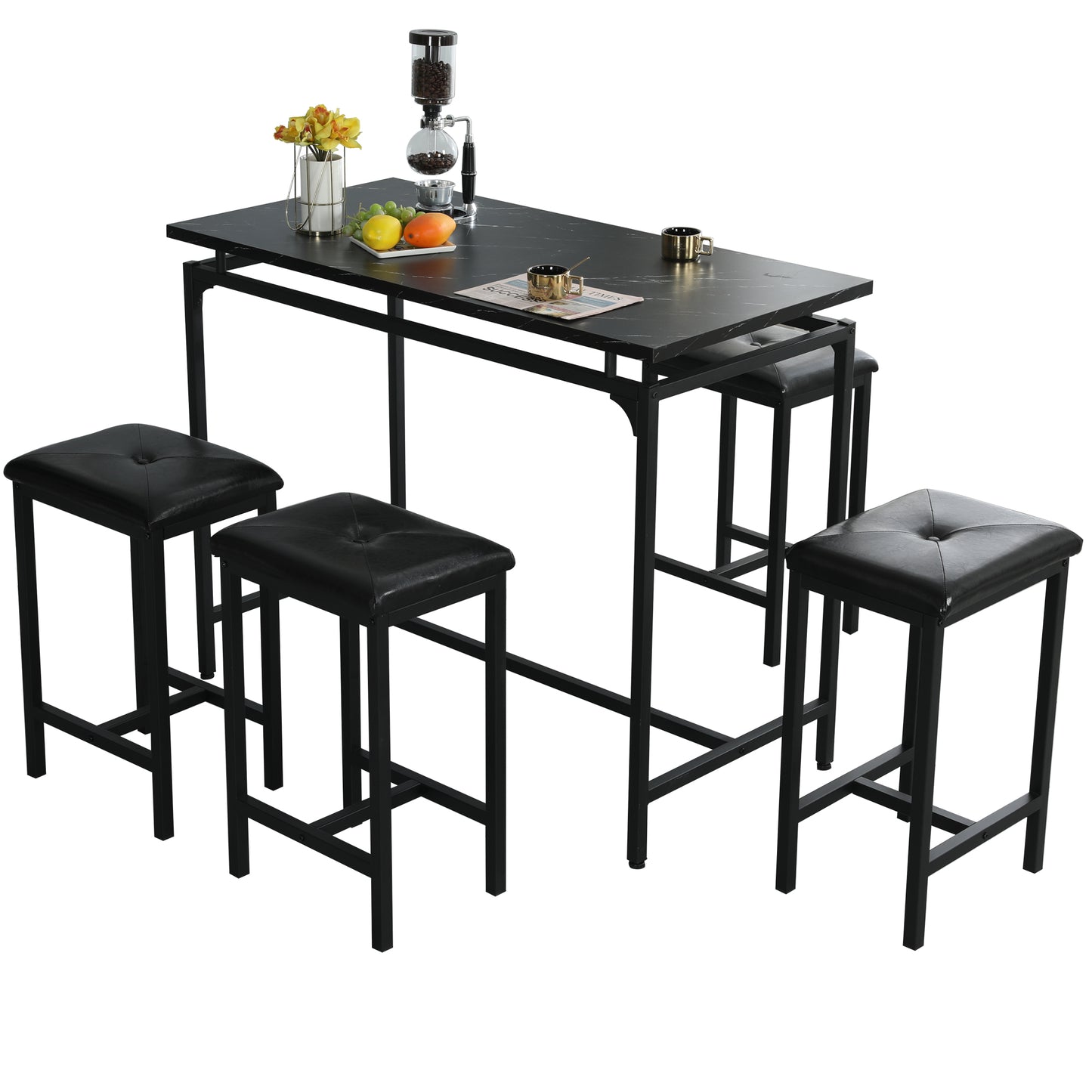 SYNGAR 5 Piece Dining Table Set, Modern Pub Table Set W/ 4 PU Leather Cushioned Stools, Counter Height Faux Marble Bar Table Set, 4-Person Dining Table & Stools Set, Kitchen Breakfast Table Set, Y008
